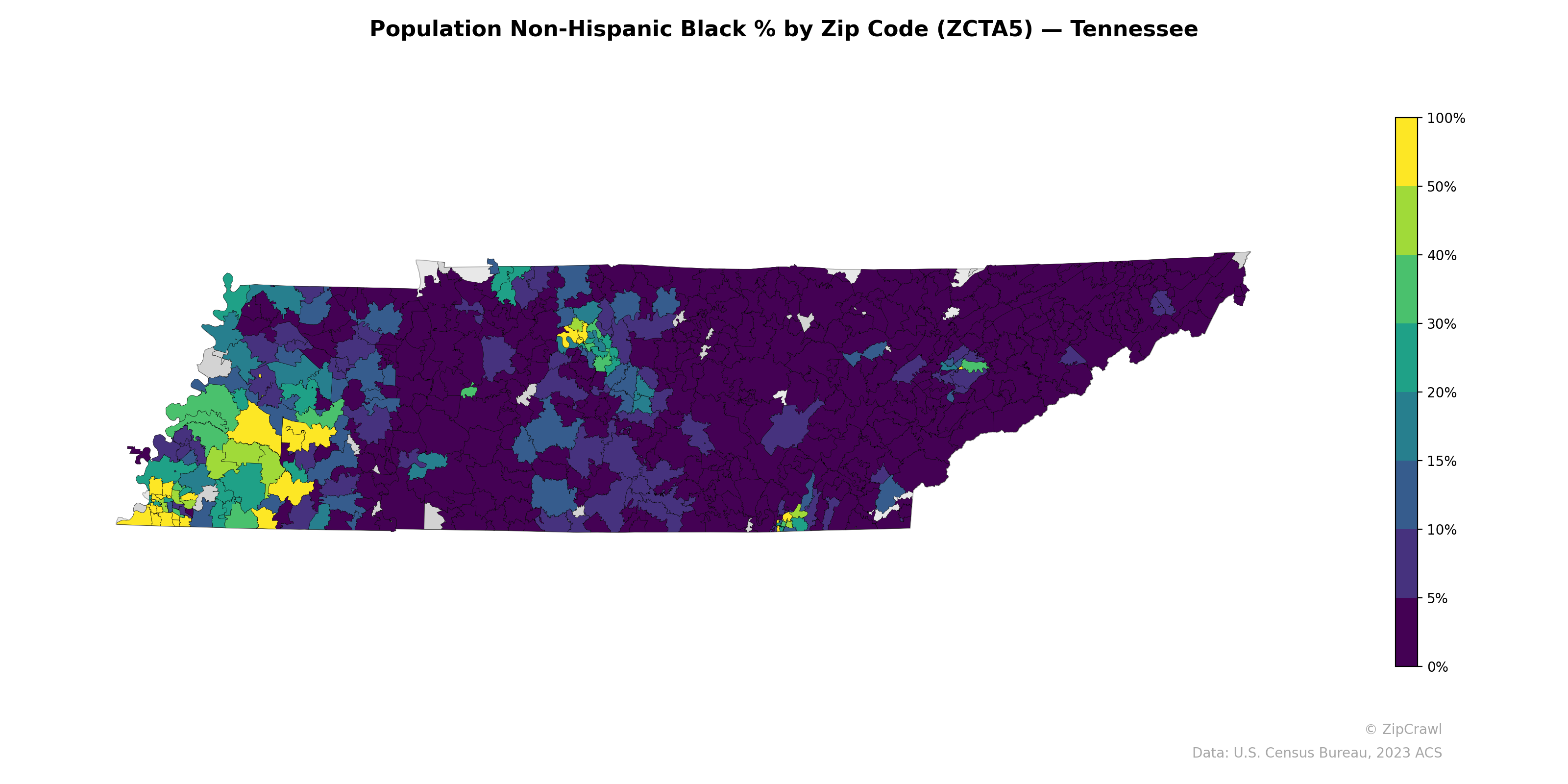 Population Non-Hispanic Black % by Zip Code (ZCTA5) — Tennessee