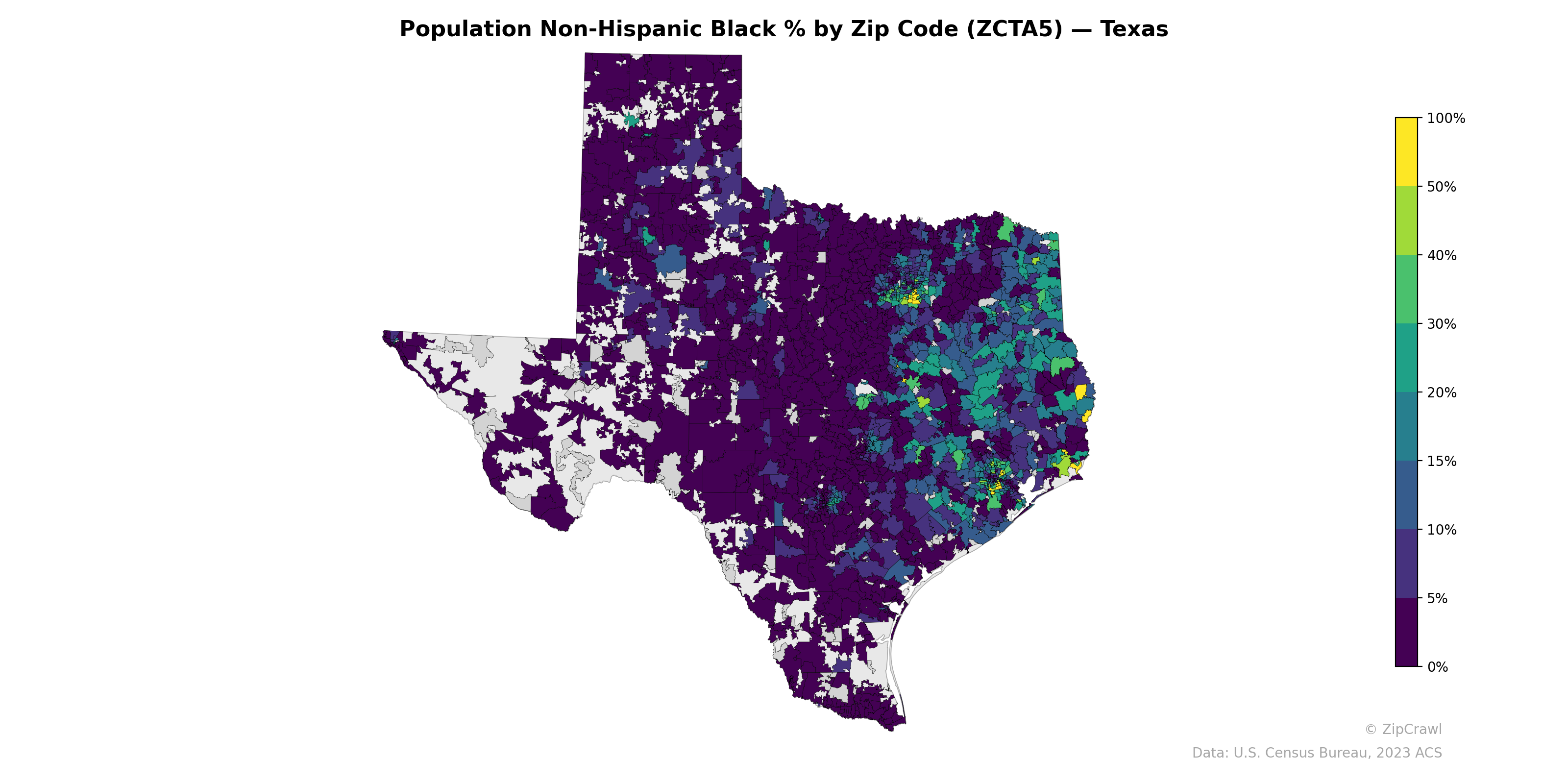 Population Non-Hispanic Black % by Zip Code (ZCTA5) — Texas