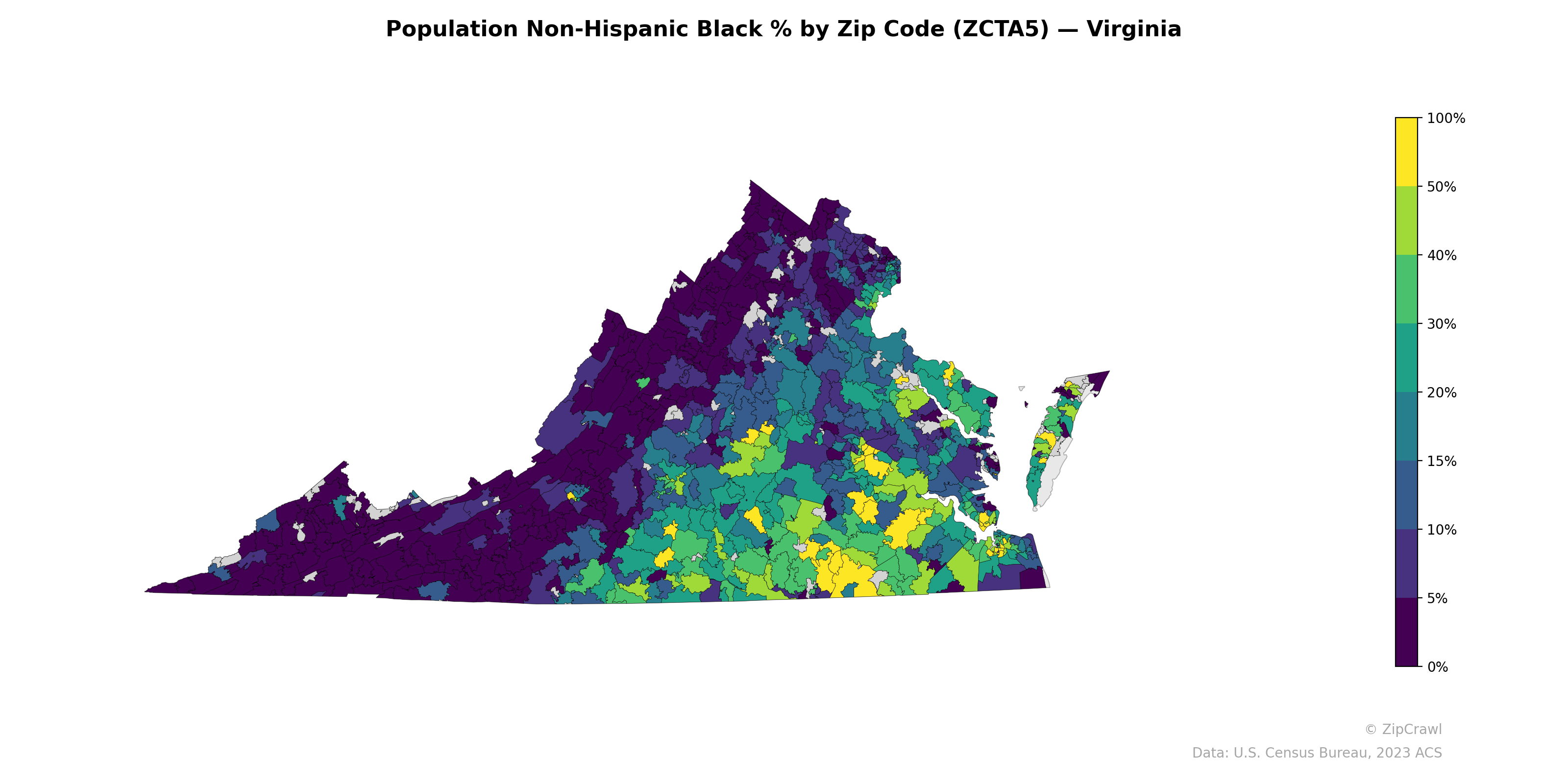 Population Non-Hispanic Black % by Zip Code (ZCTA5) — Virginia
