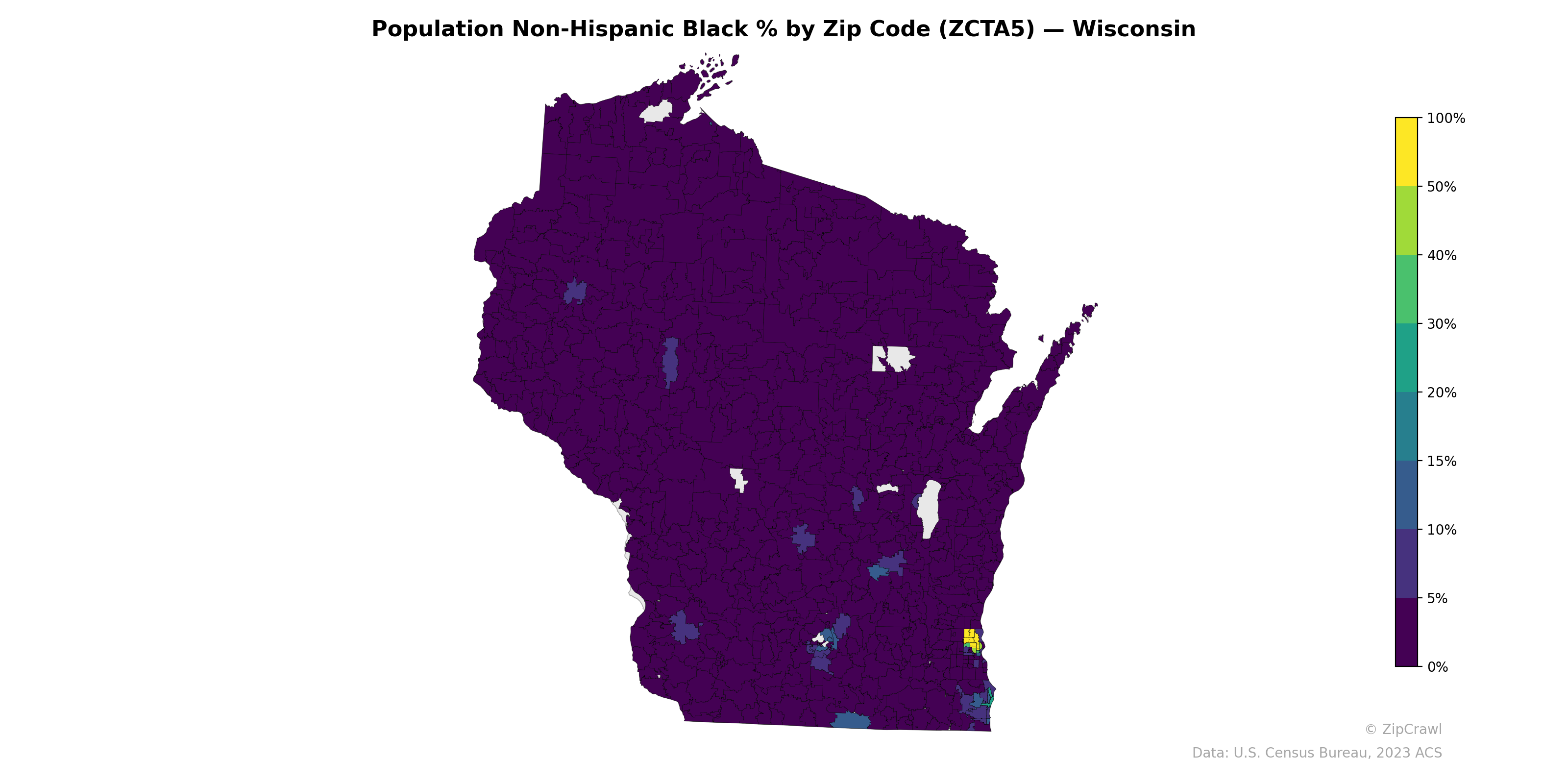 Population Non-Hispanic Black % by Zip Code (ZCTA5) — Wisconsin