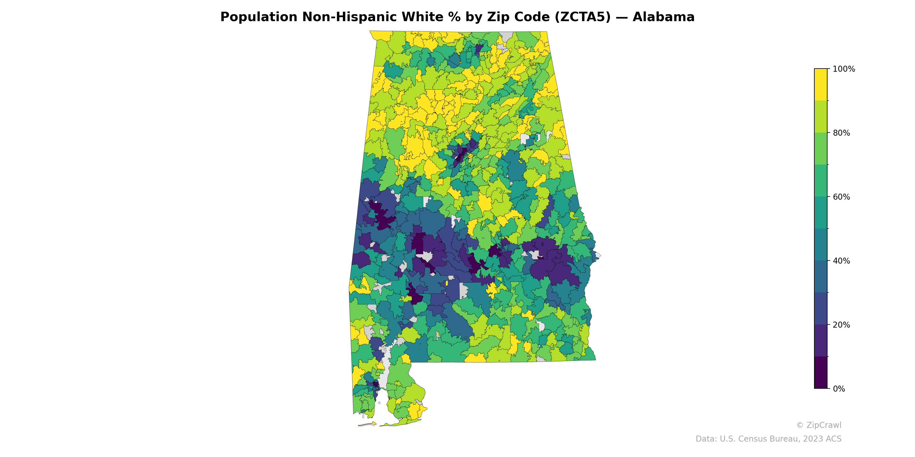 Population Non-Hispanic White % by Zip Code (ZCTA5) — Alabama