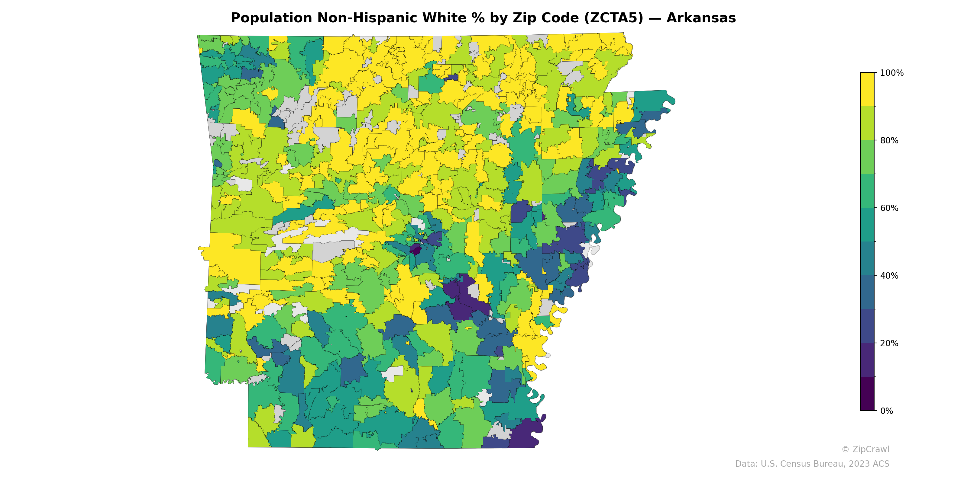 Population Non-Hispanic White % by Zip Code (ZCTA5) — Arkansas