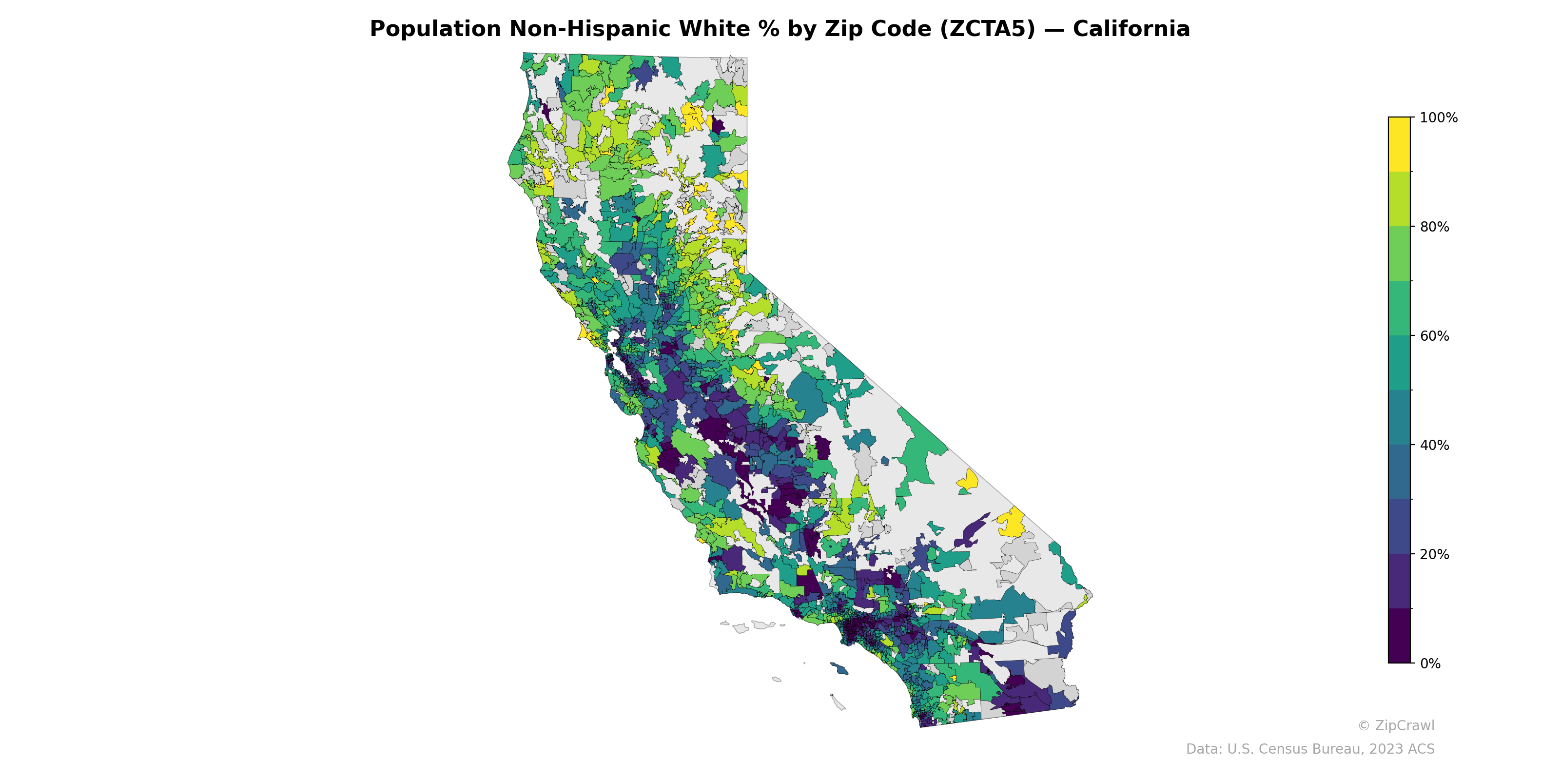 Population Non-Hispanic White % by Zip Code (ZCTA5) — California