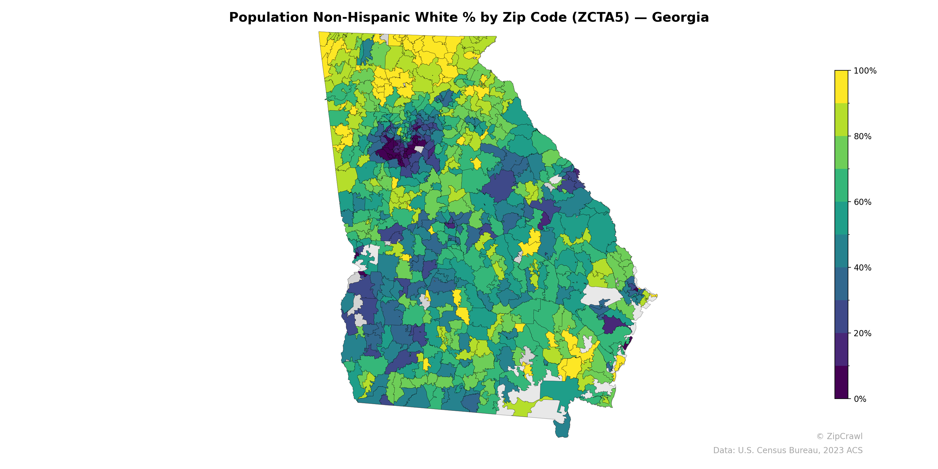 Population Non-Hispanic White % by Zip Code (ZCTA5) — Georgia