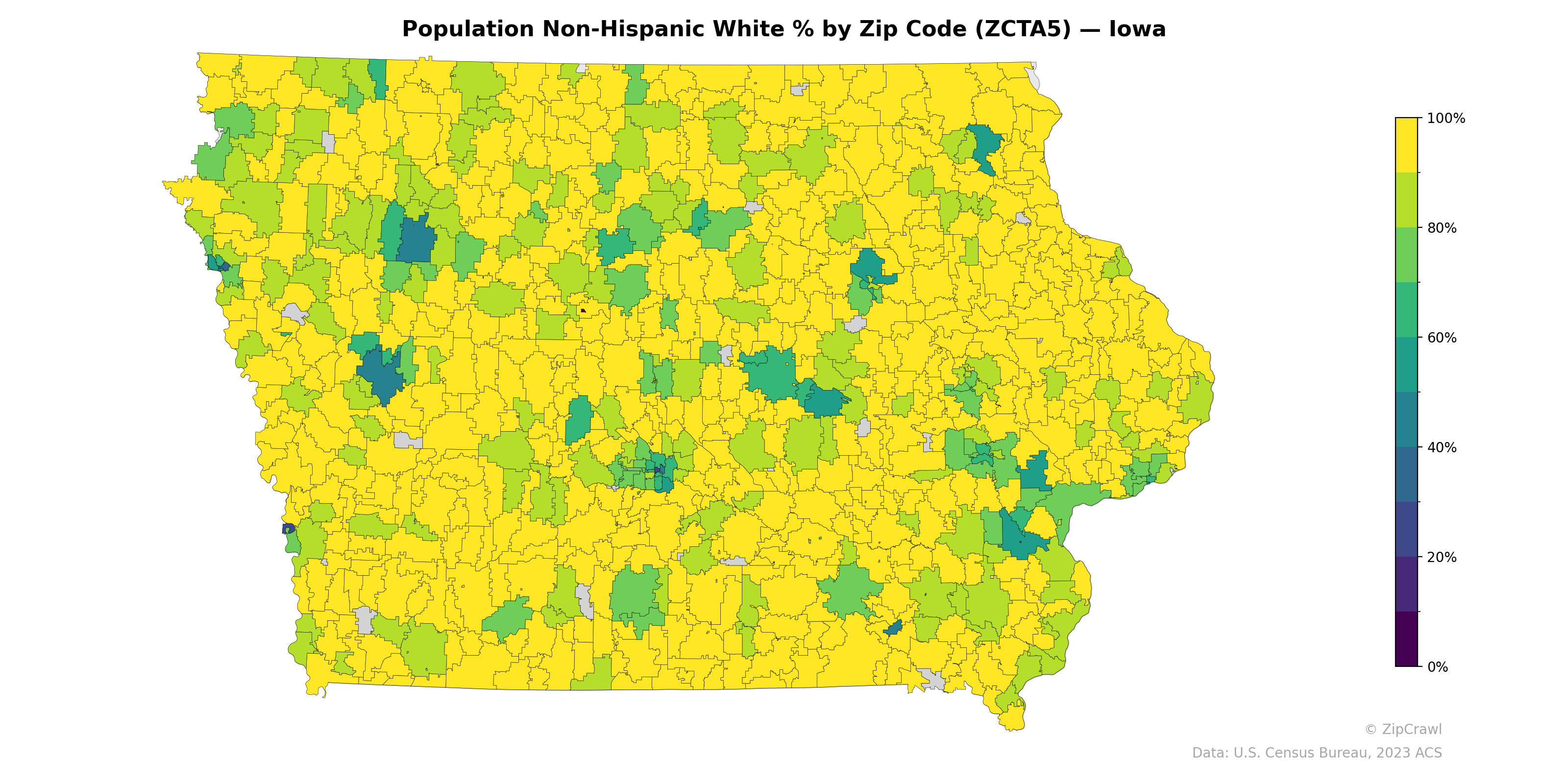 Population Non-Hispanic White % by Zip Code (ZCTA5) — Iowa