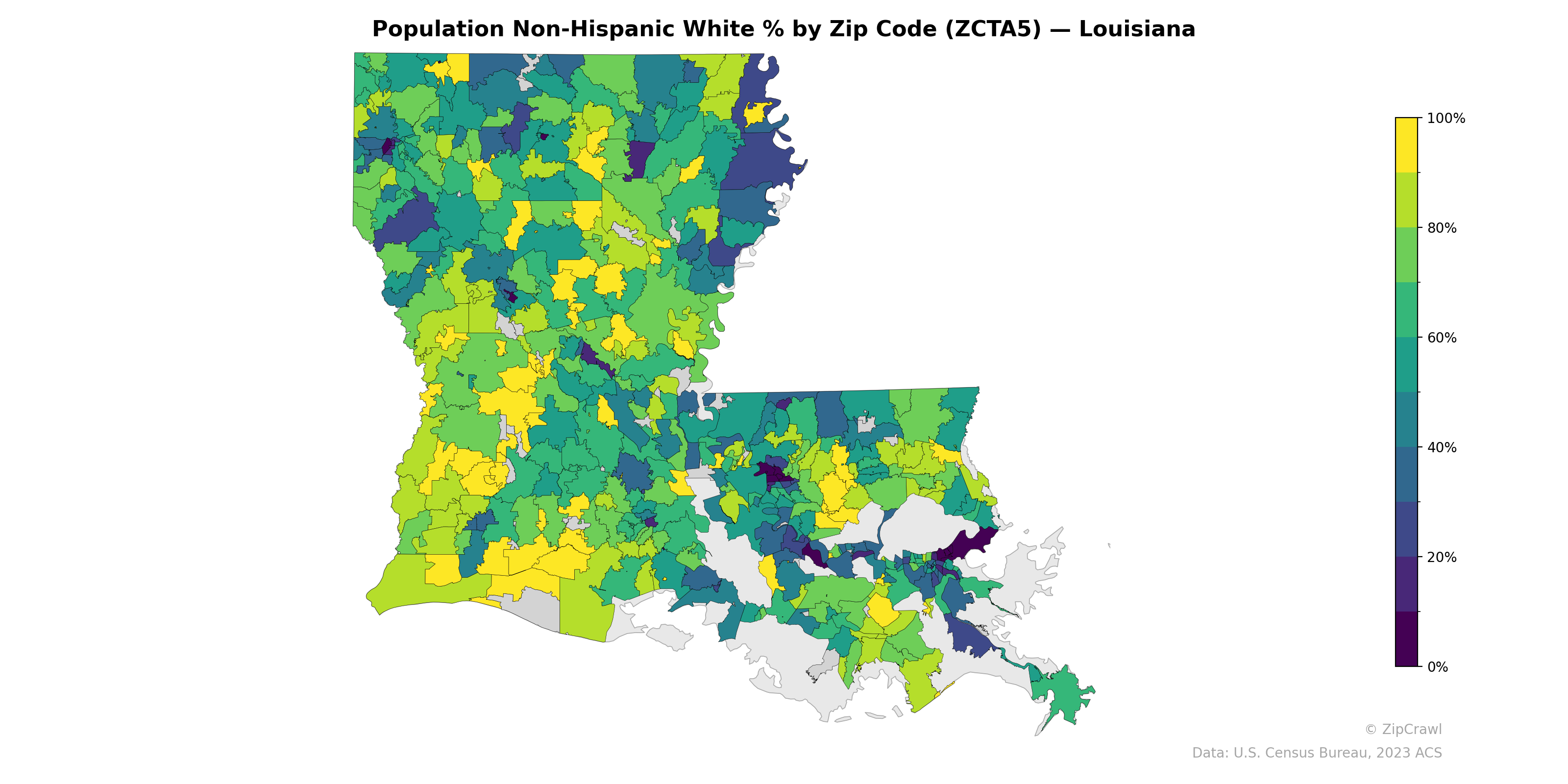 Population Non-Hispanic White % by Zip Code (ZCTA5) — Louisiana