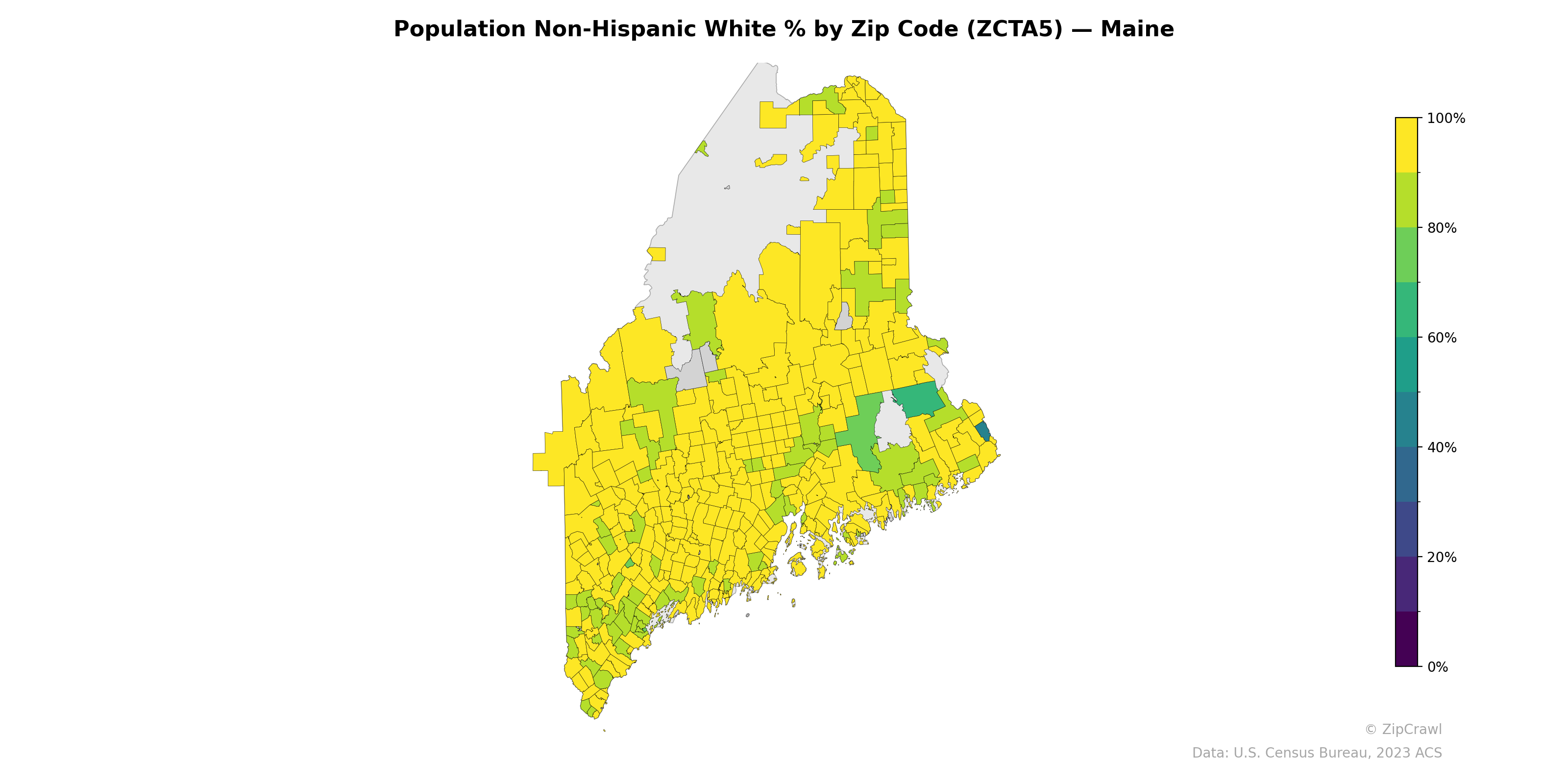 Population Non-Hispanic White % by Zip Code (ZCTA5) — Maine
