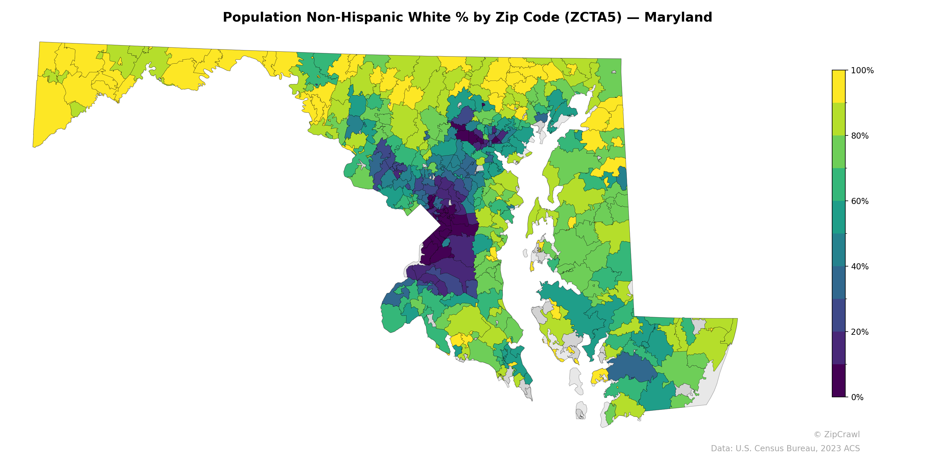 Population Non-Hispanic White % by Zip Code (ZCTA5) — Maryland