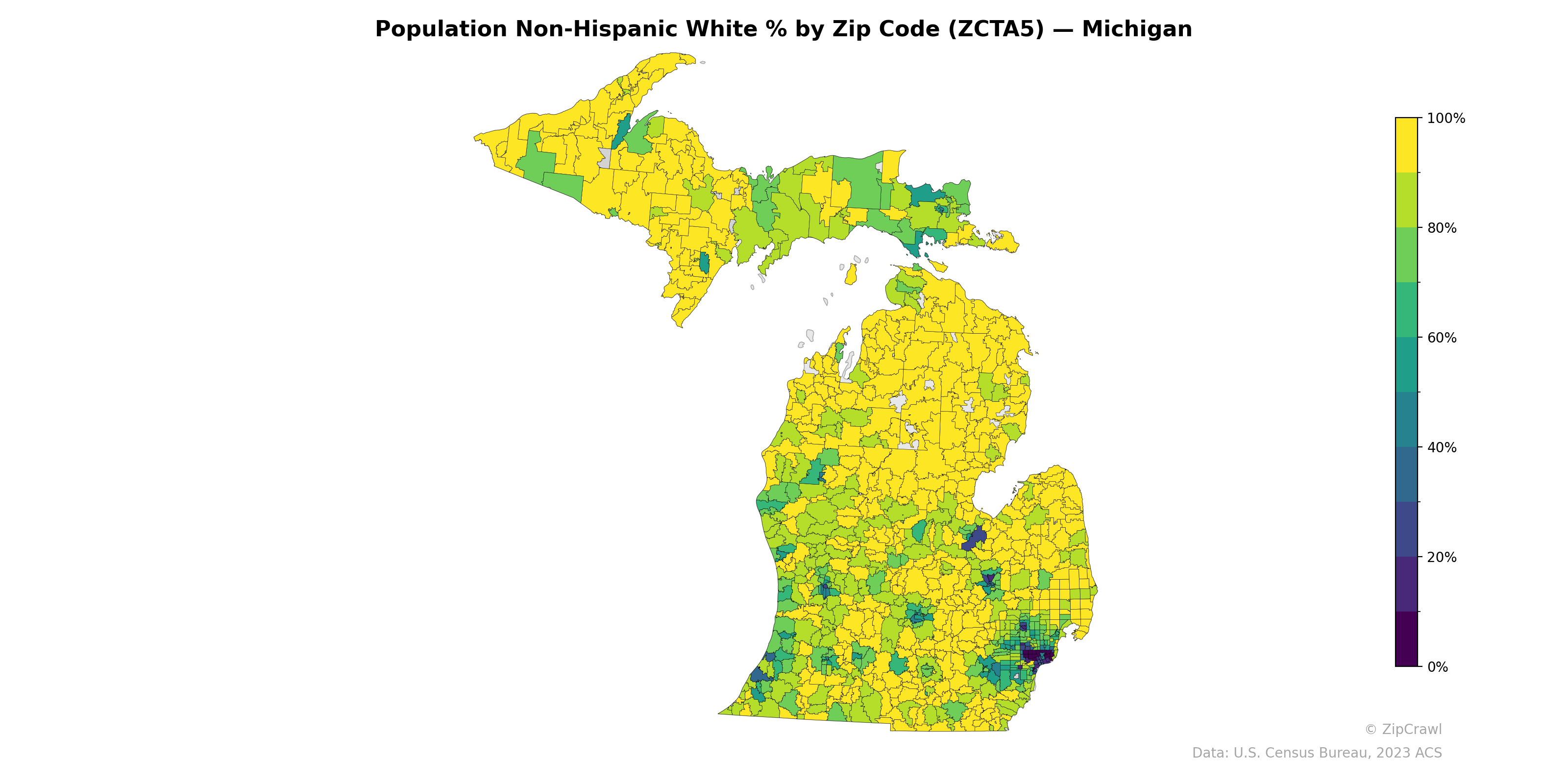 Population Non-Hispanic White % by Zip Code (ZCTA5) — Michigan