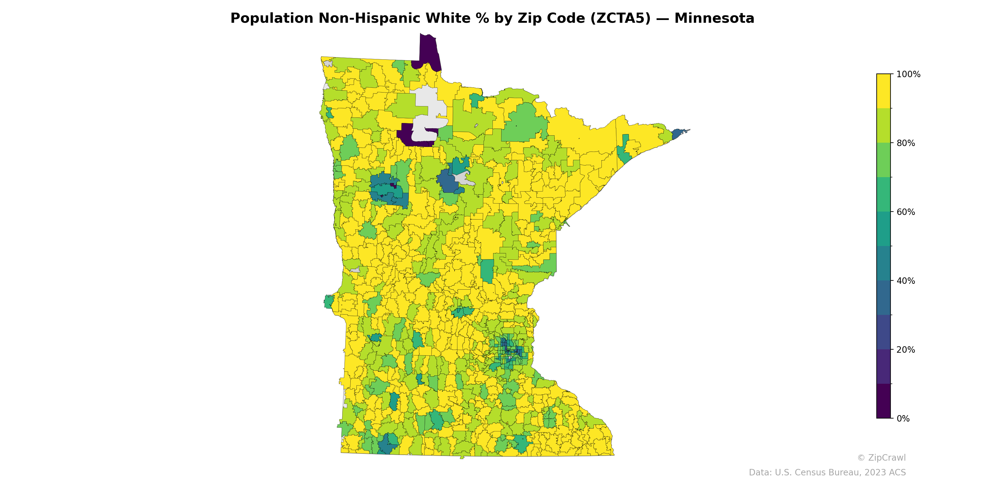Population Non-Hispanic White % by Zip Code (ZCTA5) — Minnesota