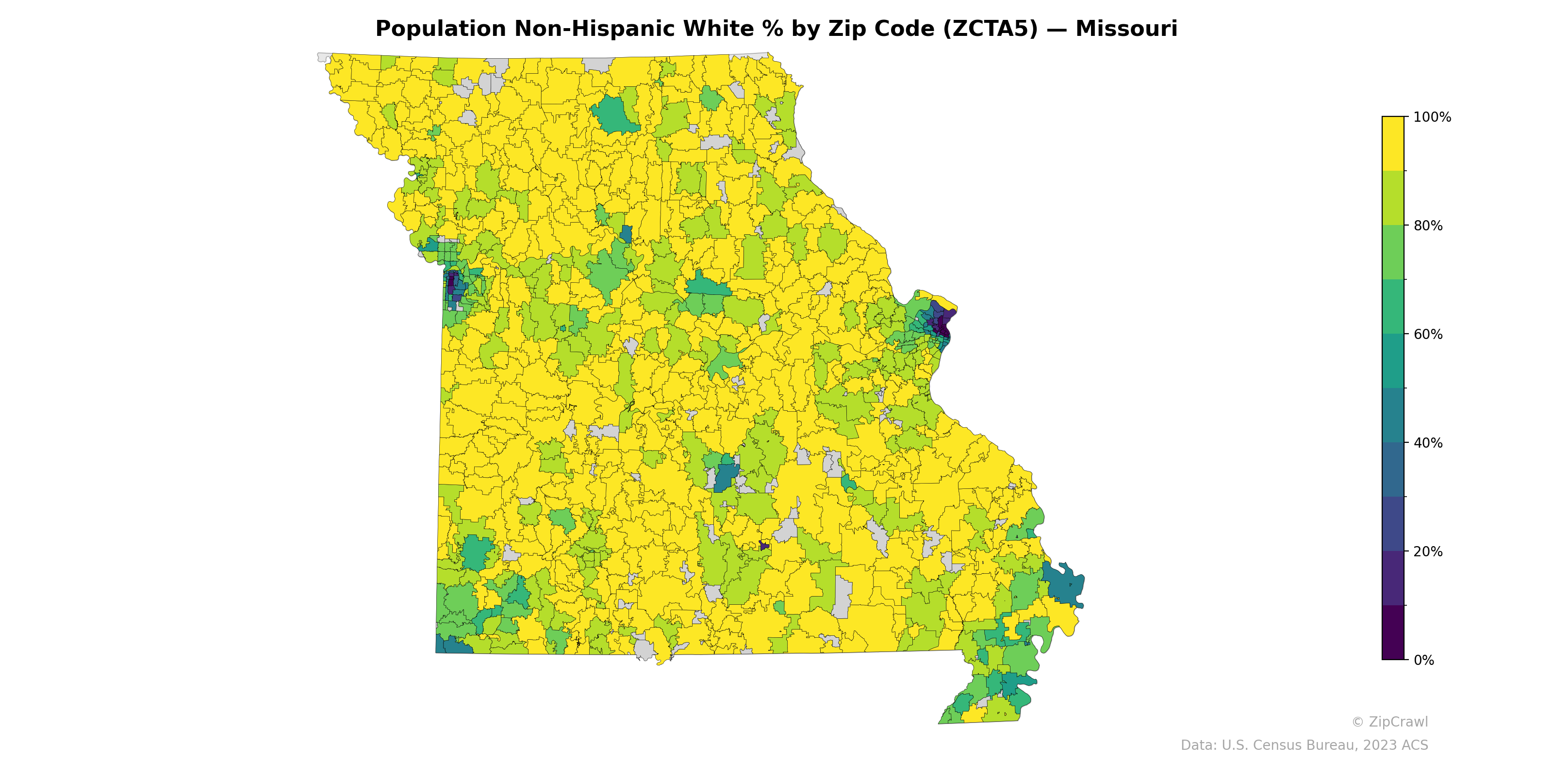 Population Non-Hispanic White % by Zip Code (ZCTA5) — Missouri