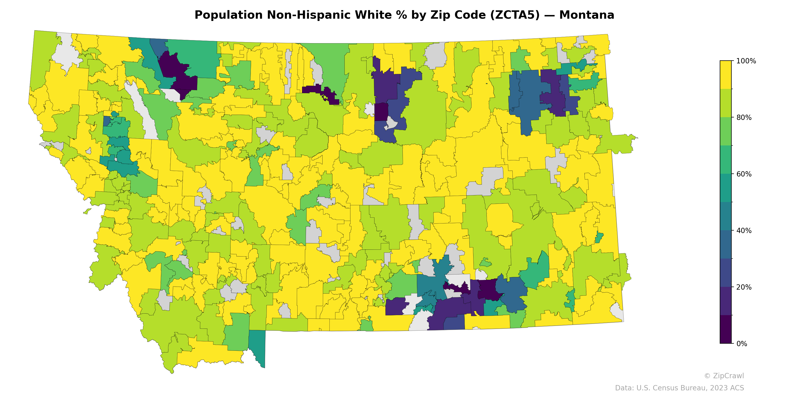 Population Non-Hispanic White % by Zip Code (ZCTA5) — Montana