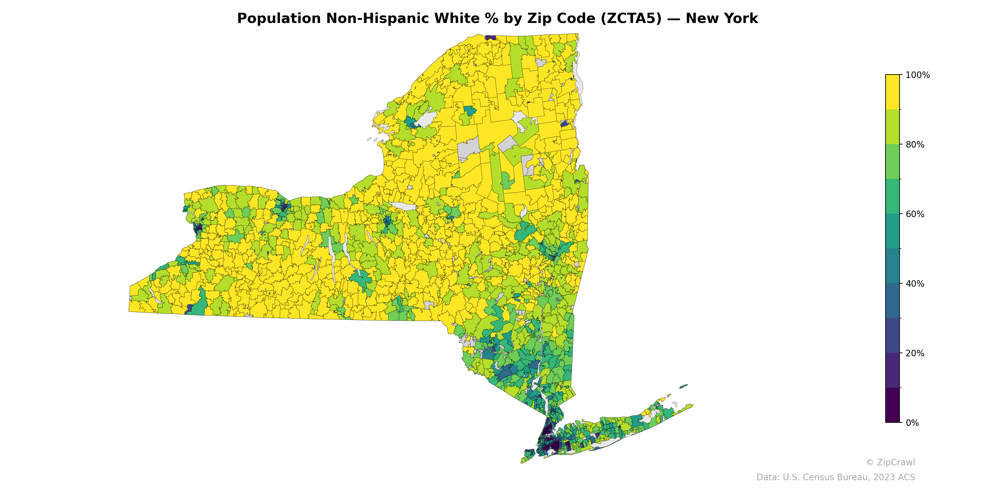 Population Non-Hispanic White % by Zip Code (ZCTA5) — New York