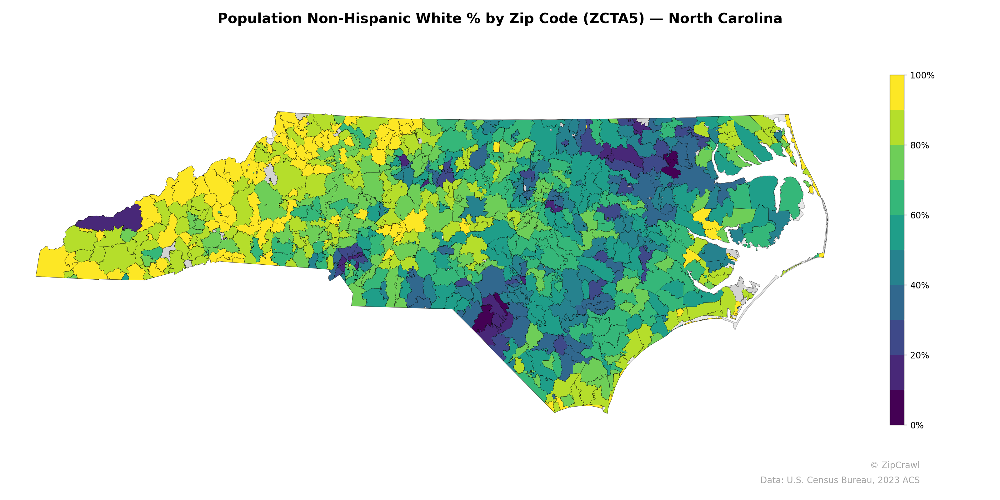 Population Non-Hispanic White % by Zip Code (ZCTA5) — North Carolina