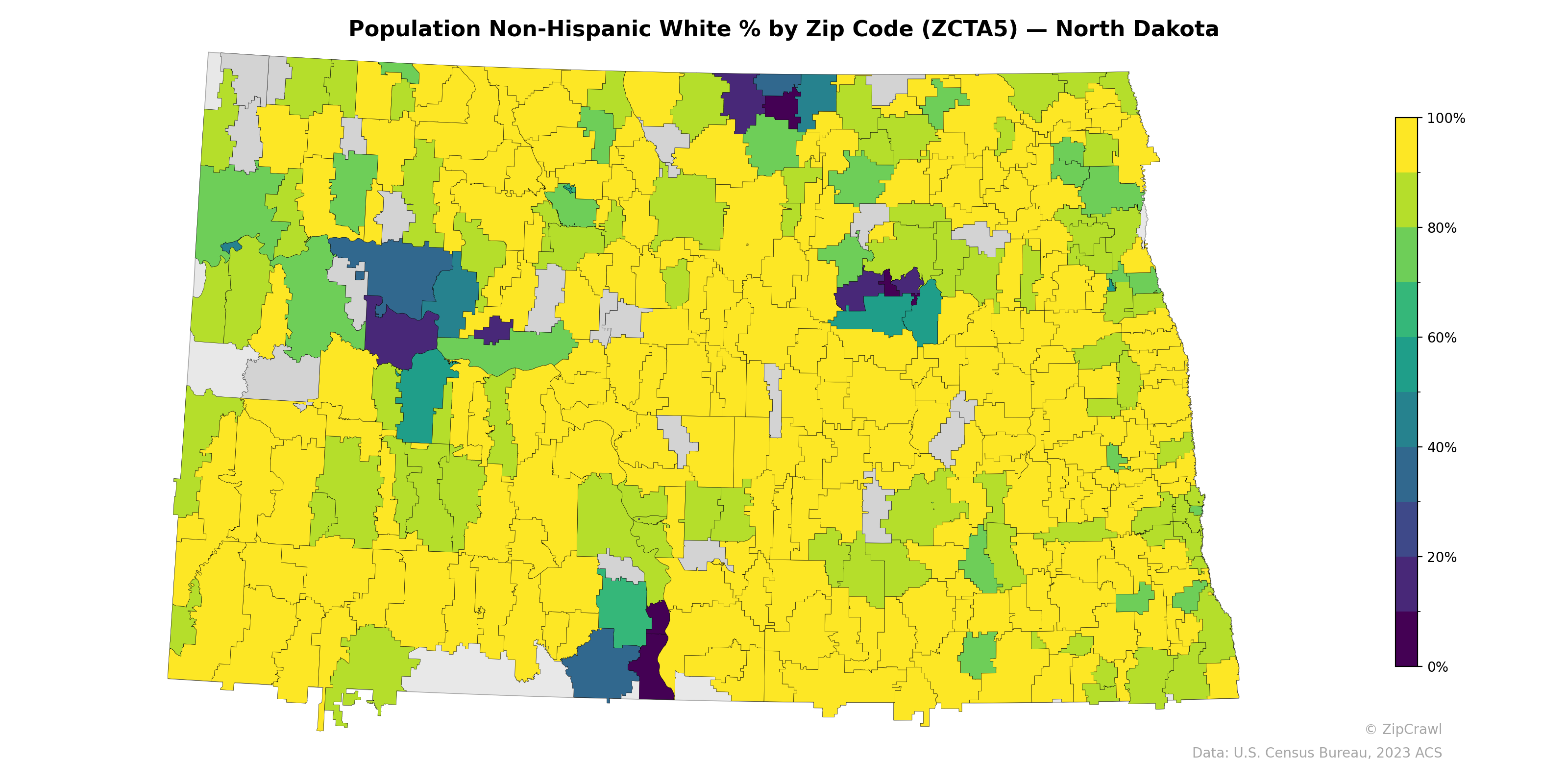 Population Non-Hispanic White % by Zip Code (ZCTA5) — North Dakota