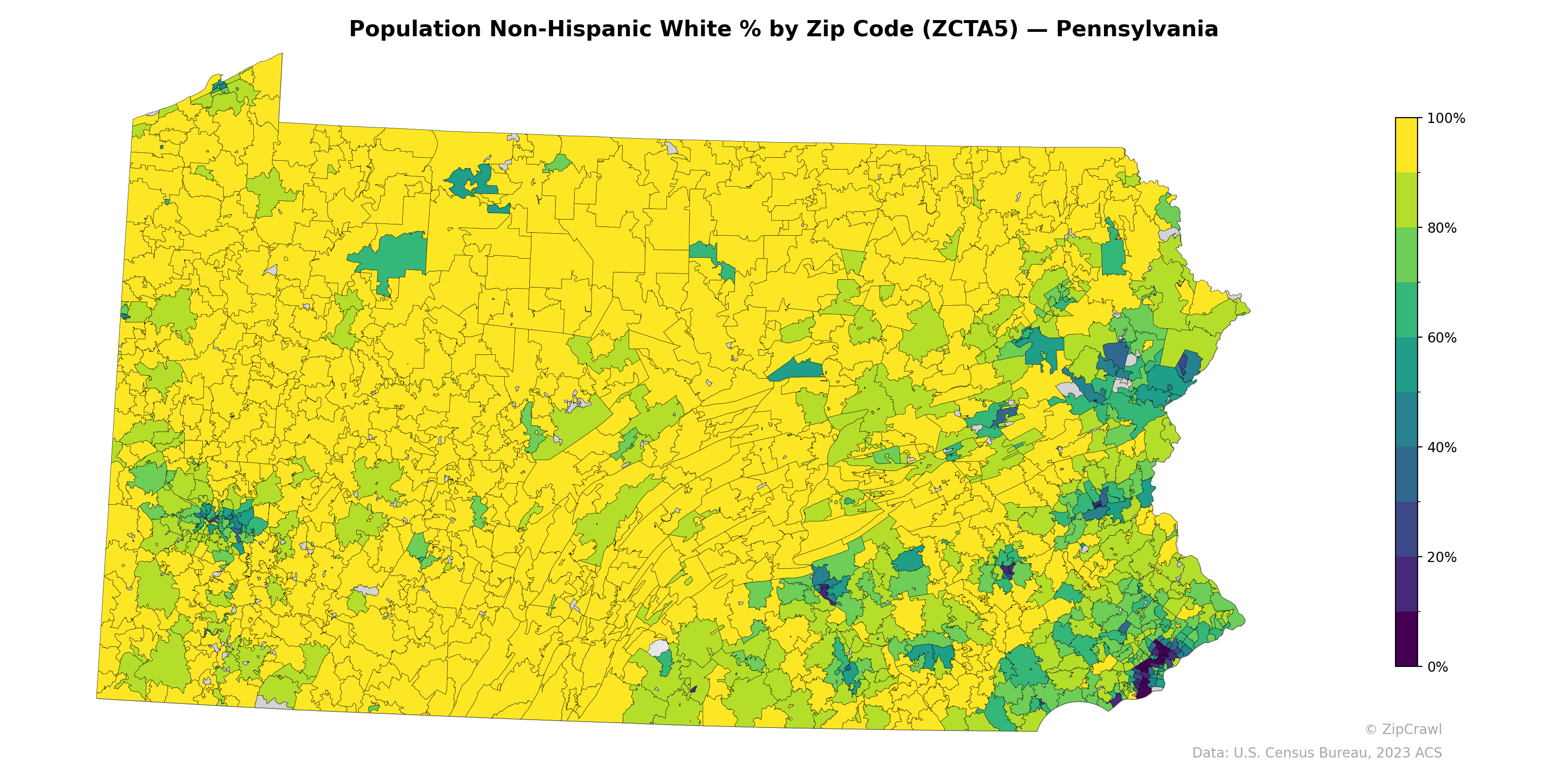 Population Non-Hispanic White % by Zip Code (ZCTA5) — Pennsylvania