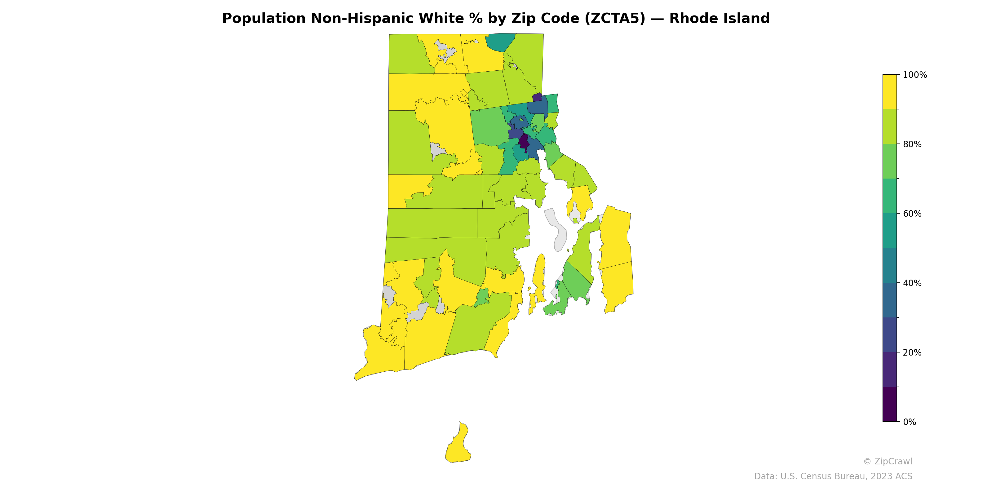Population Non-Hispanic White % by Zip Code (ZCTA5) — Rhode Island