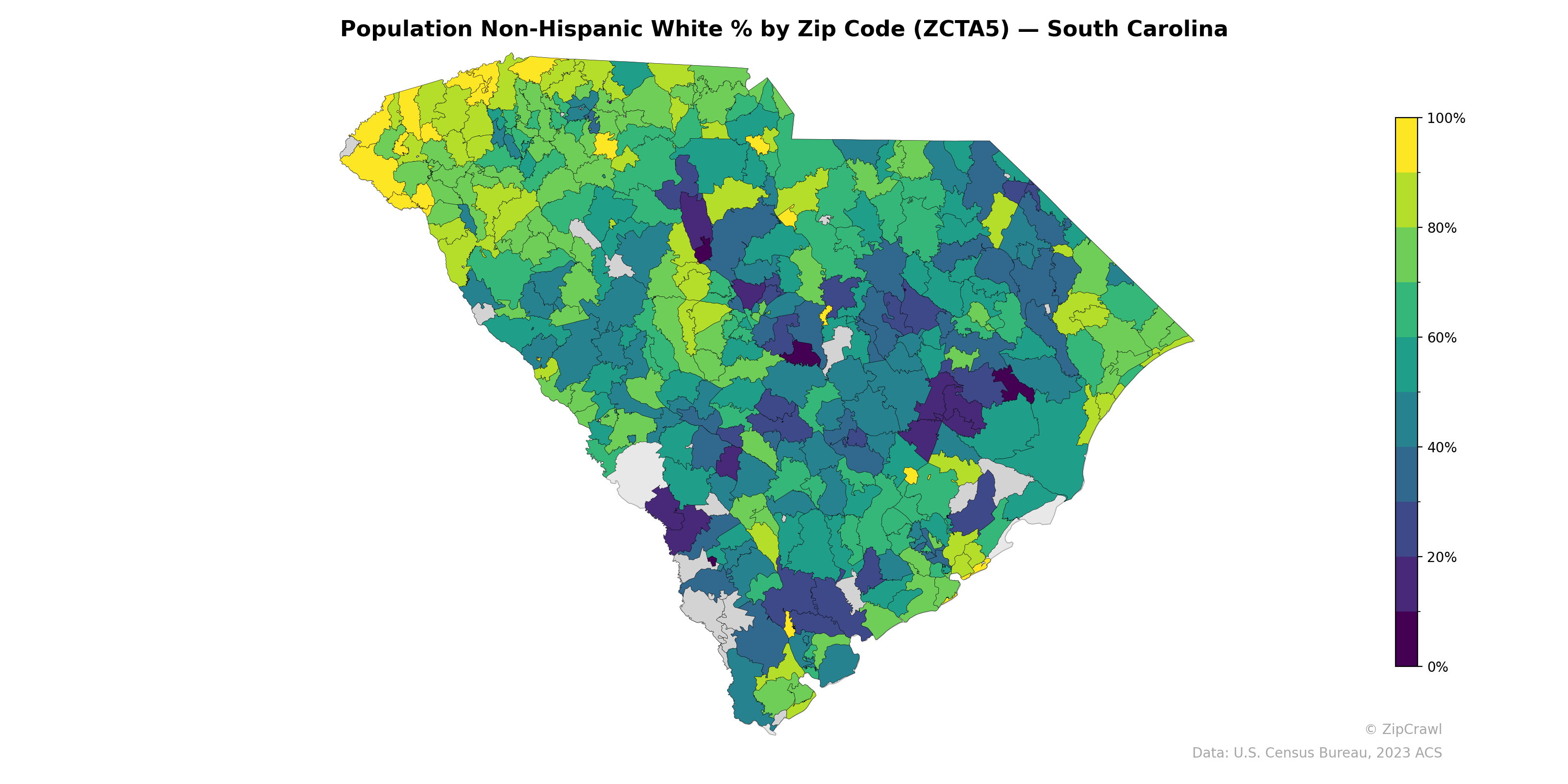 Population Non-Hispanic White % by Zip Code (ZCTA5) — South Carolina