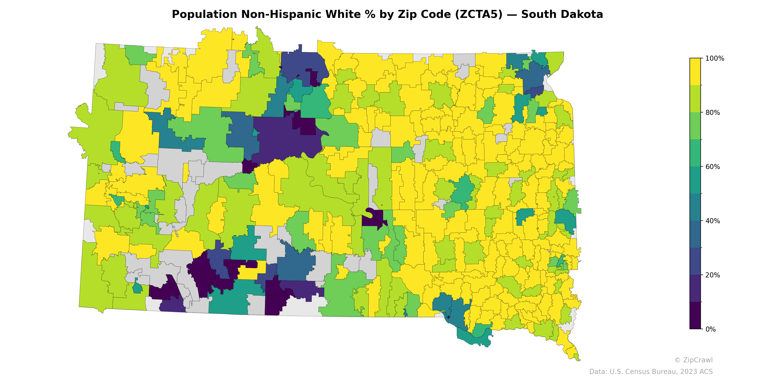 Population Non-Hispanic White % by Zip Code (ZCTA5) — South Dakota