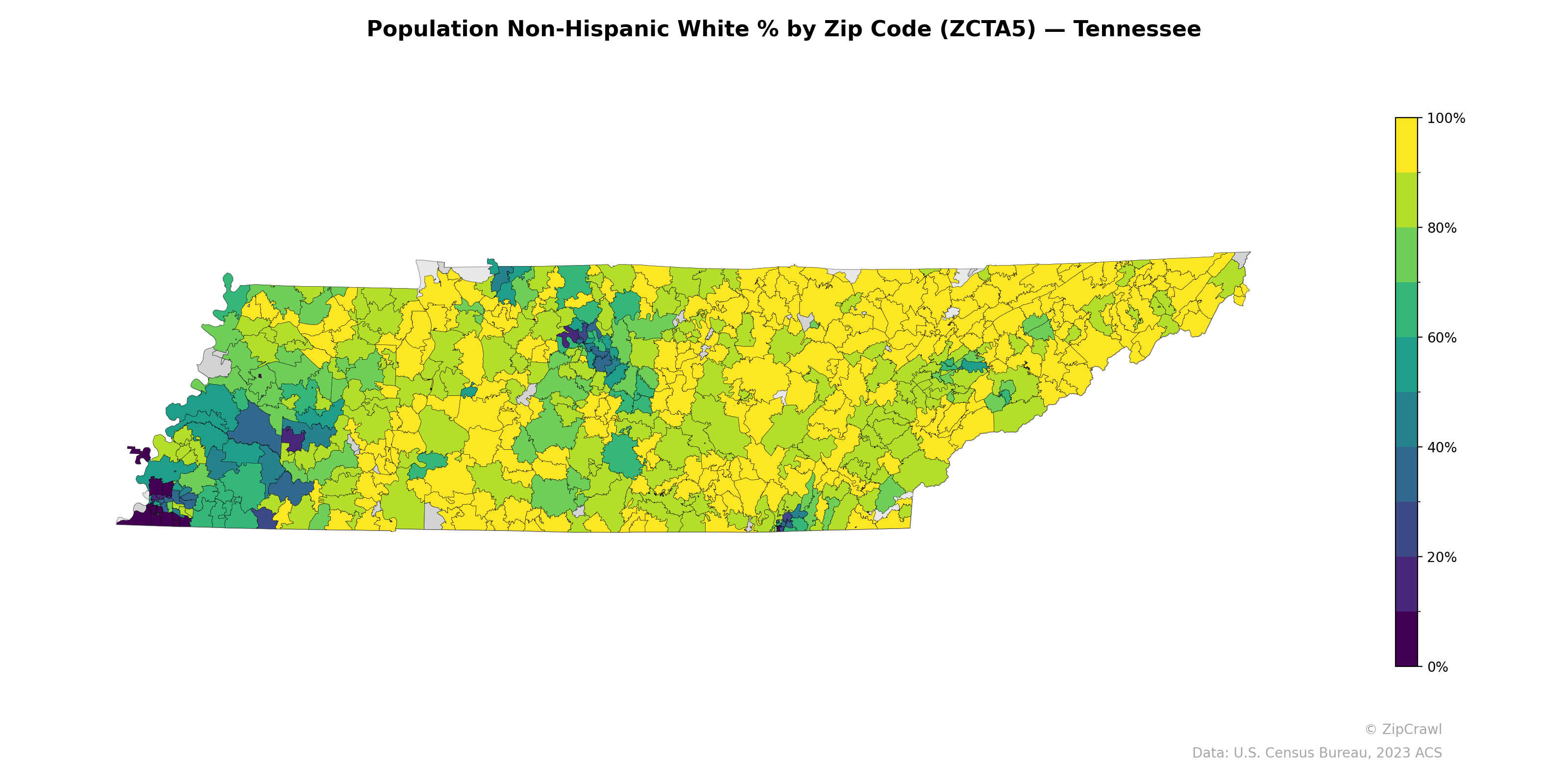Population Non-Hispanic White % by Zip Code (ZCTA5) — Tennessee