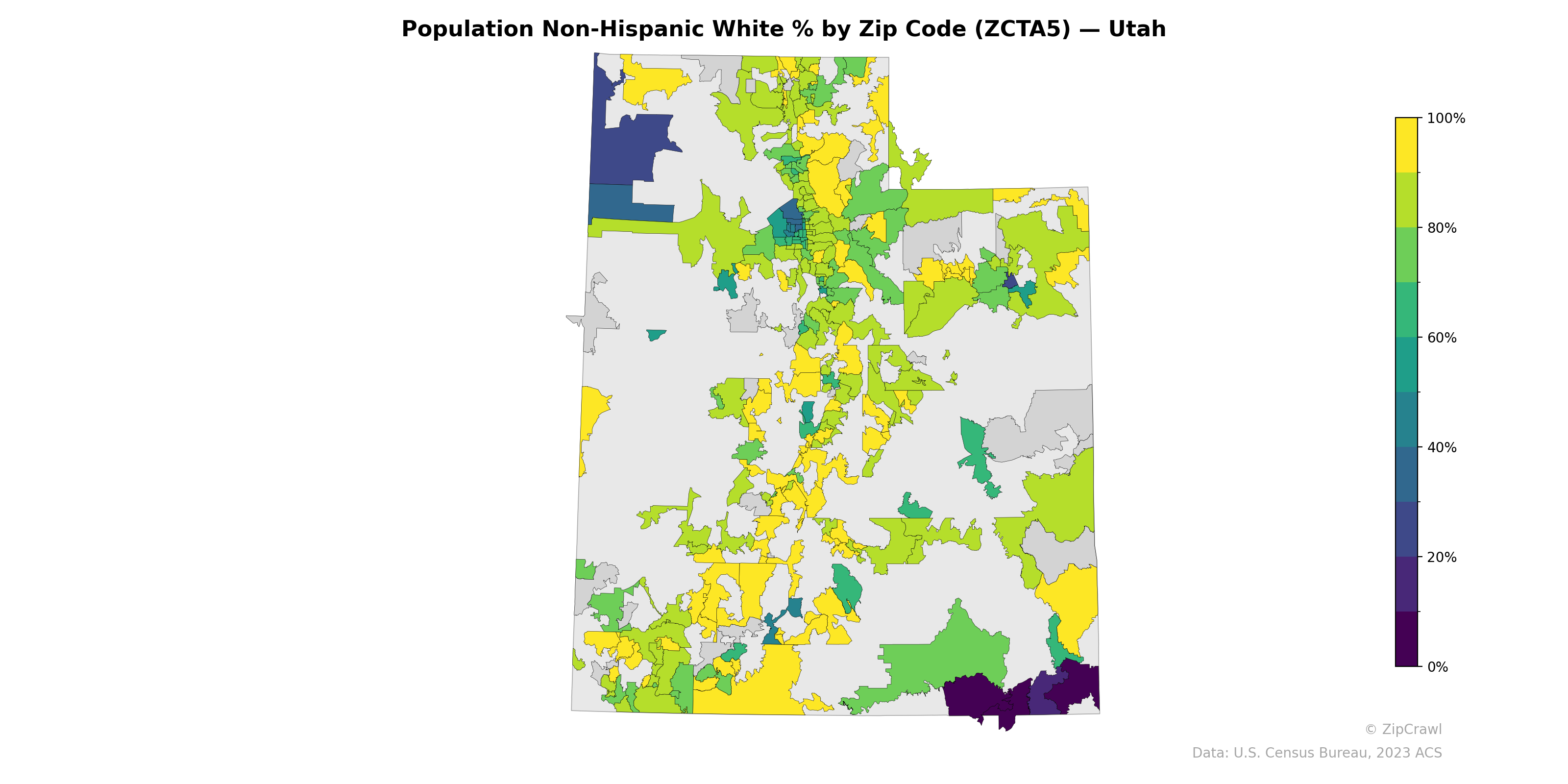 Population Non-Hispanic White % by Zip Code (ZCTA5) — Utah