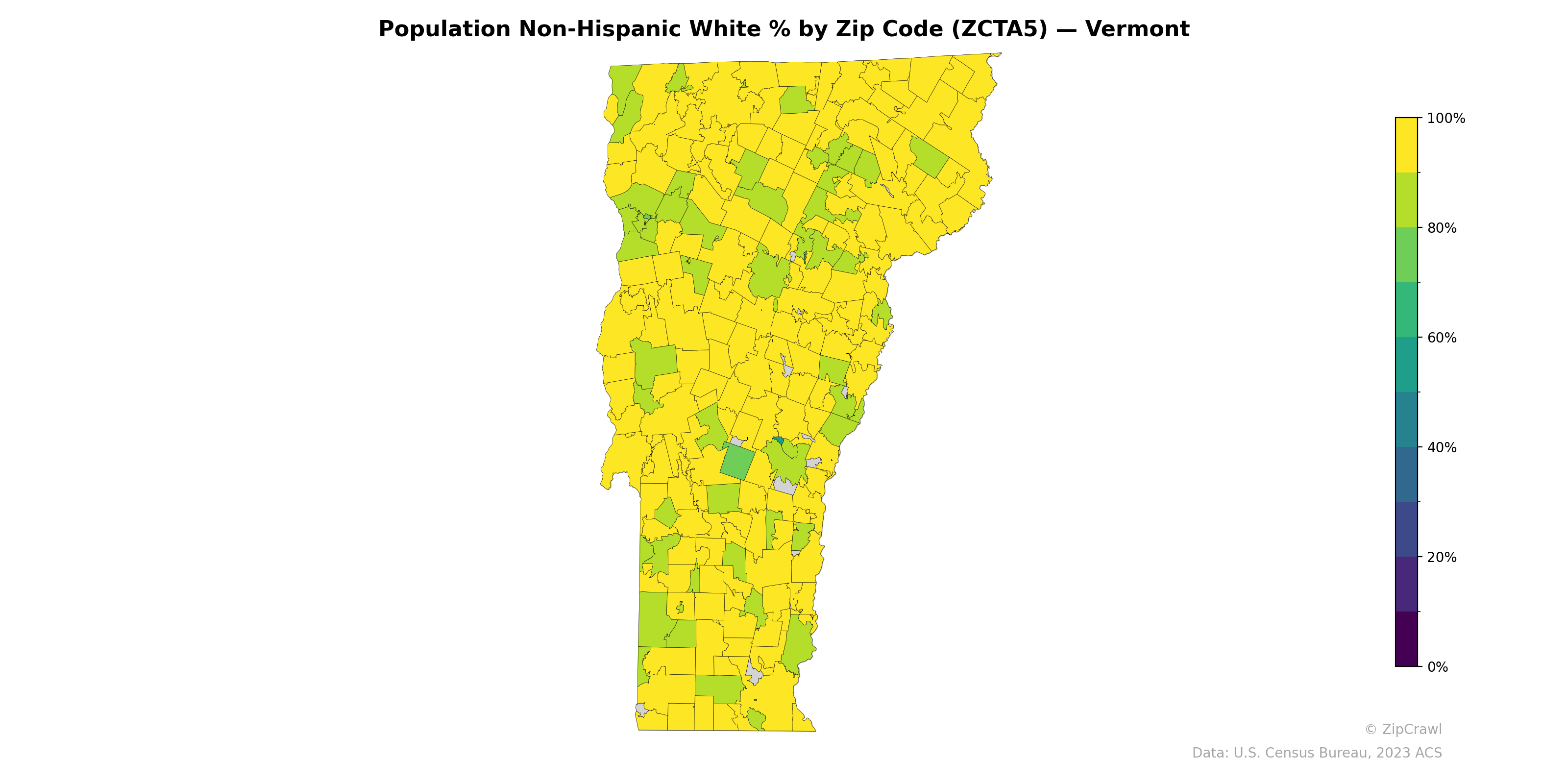 Population Non-Hispanic White % by Zip Code (ZCTA5) — Vermont
