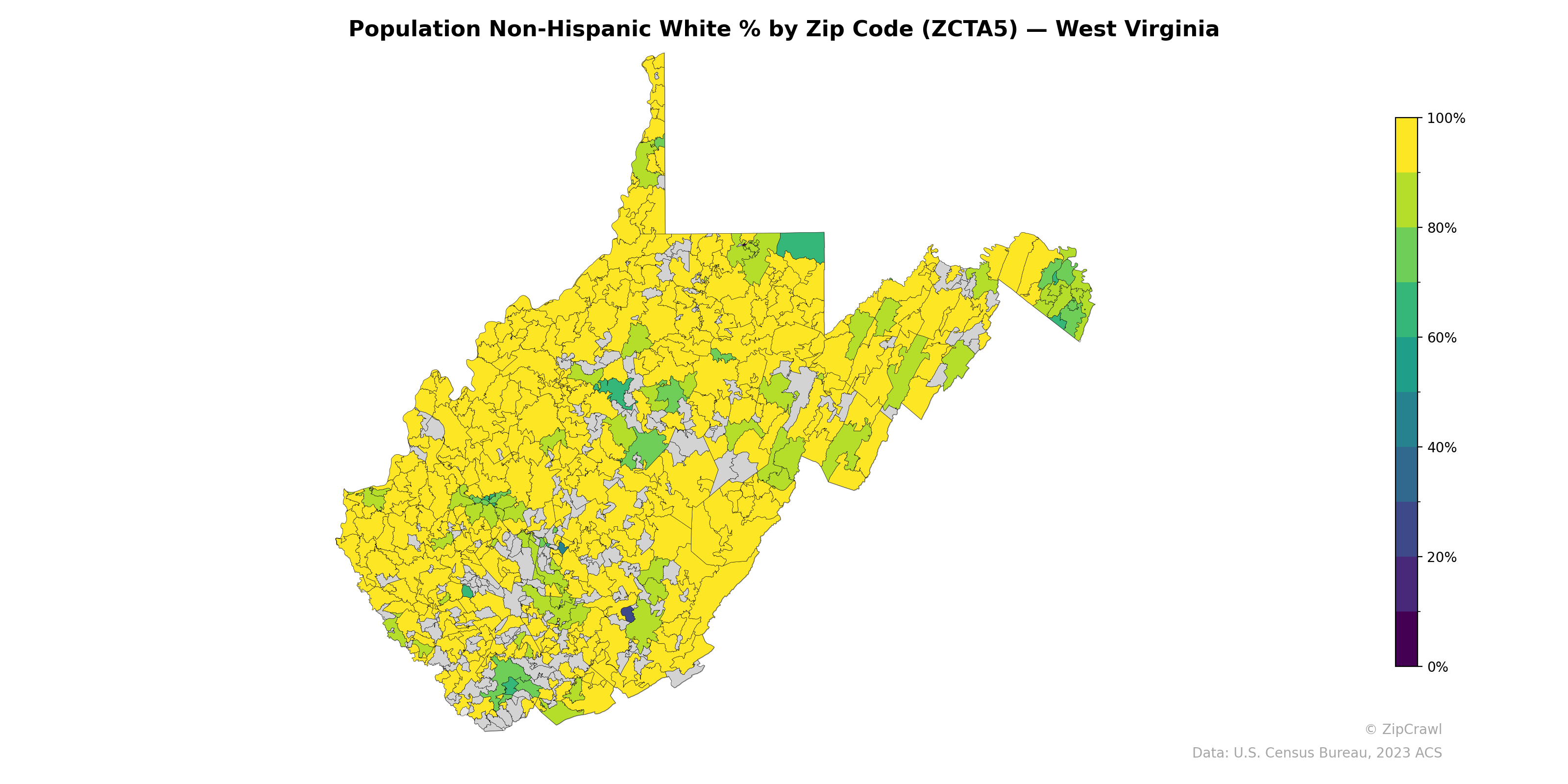 Population Non-Hispanic White % by Zip Code (ZCTA5) — West Virginia