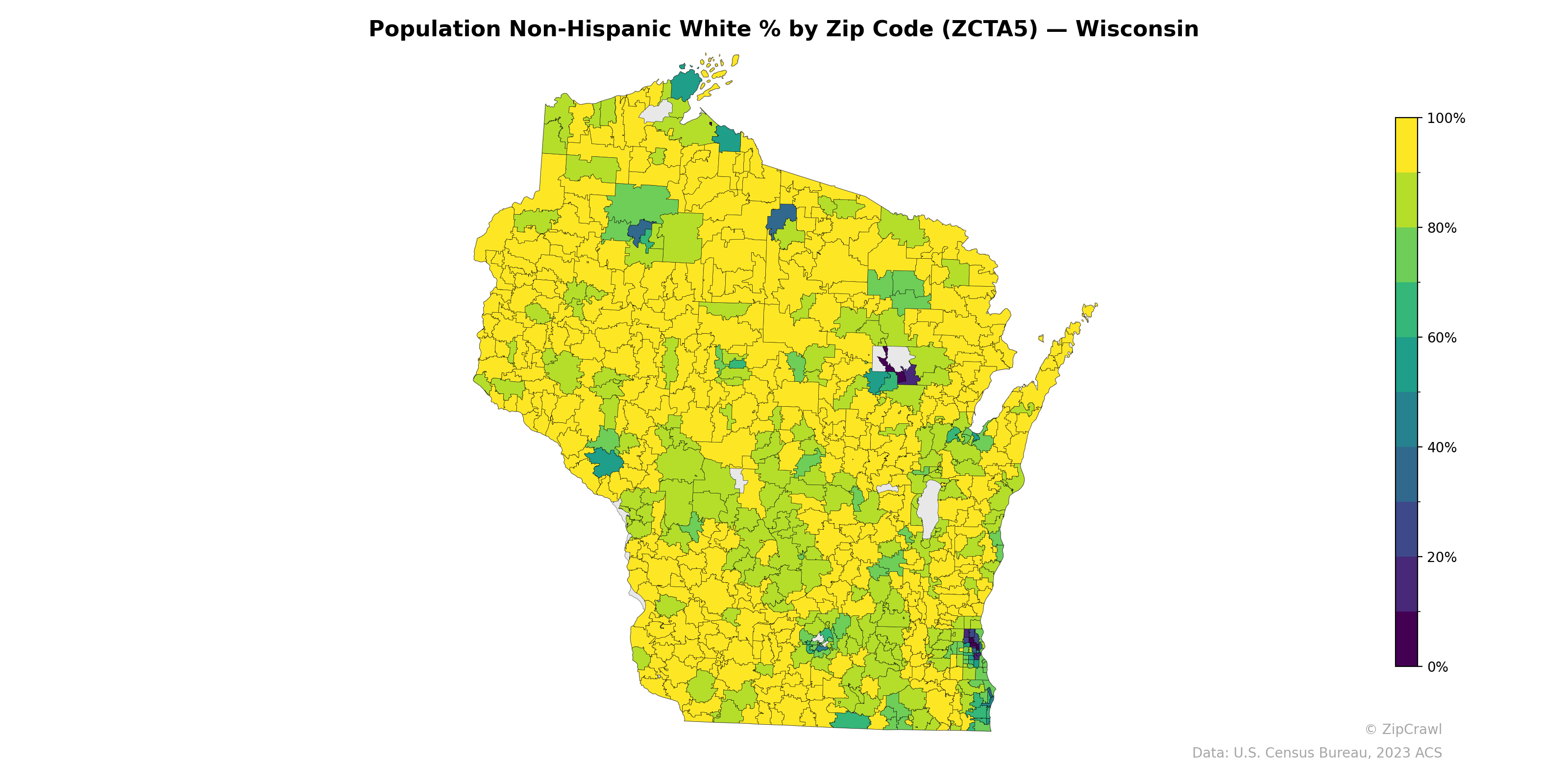 Population Non-Hispanic White % by Zip Code (ZCTA5) — Wisconsin