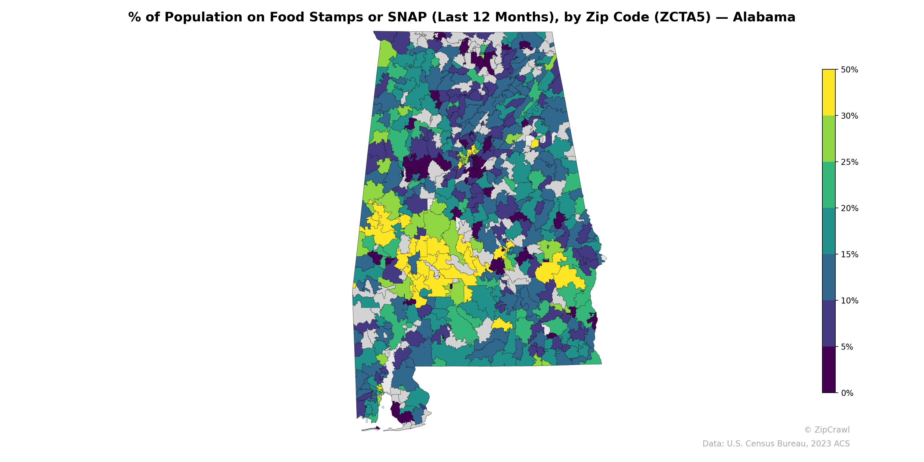 % of Population on Food Stamps or SNAP (Last 12 Months), by Zip Code (ZCTA5) — Alabama