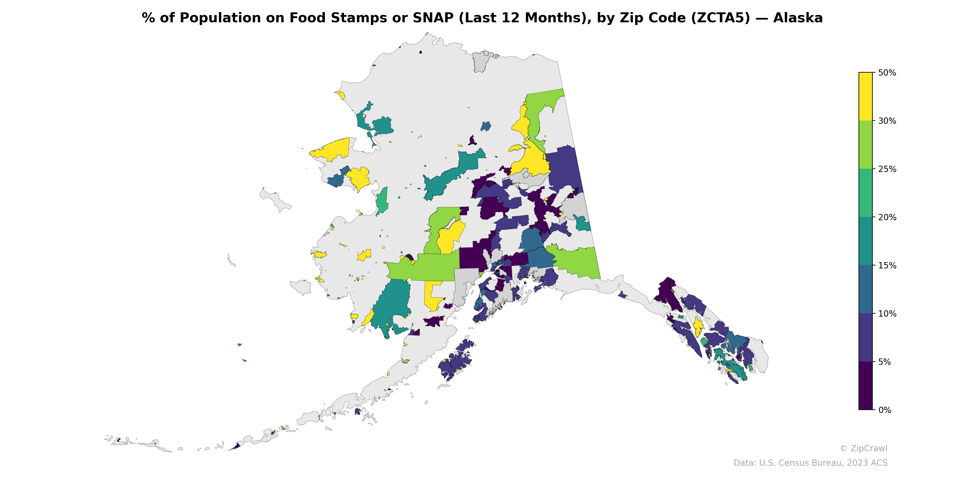 % of Population on Food Stamps or SNAP (Last 12 Months), by Zip Code (ZCTA5) — Alaska