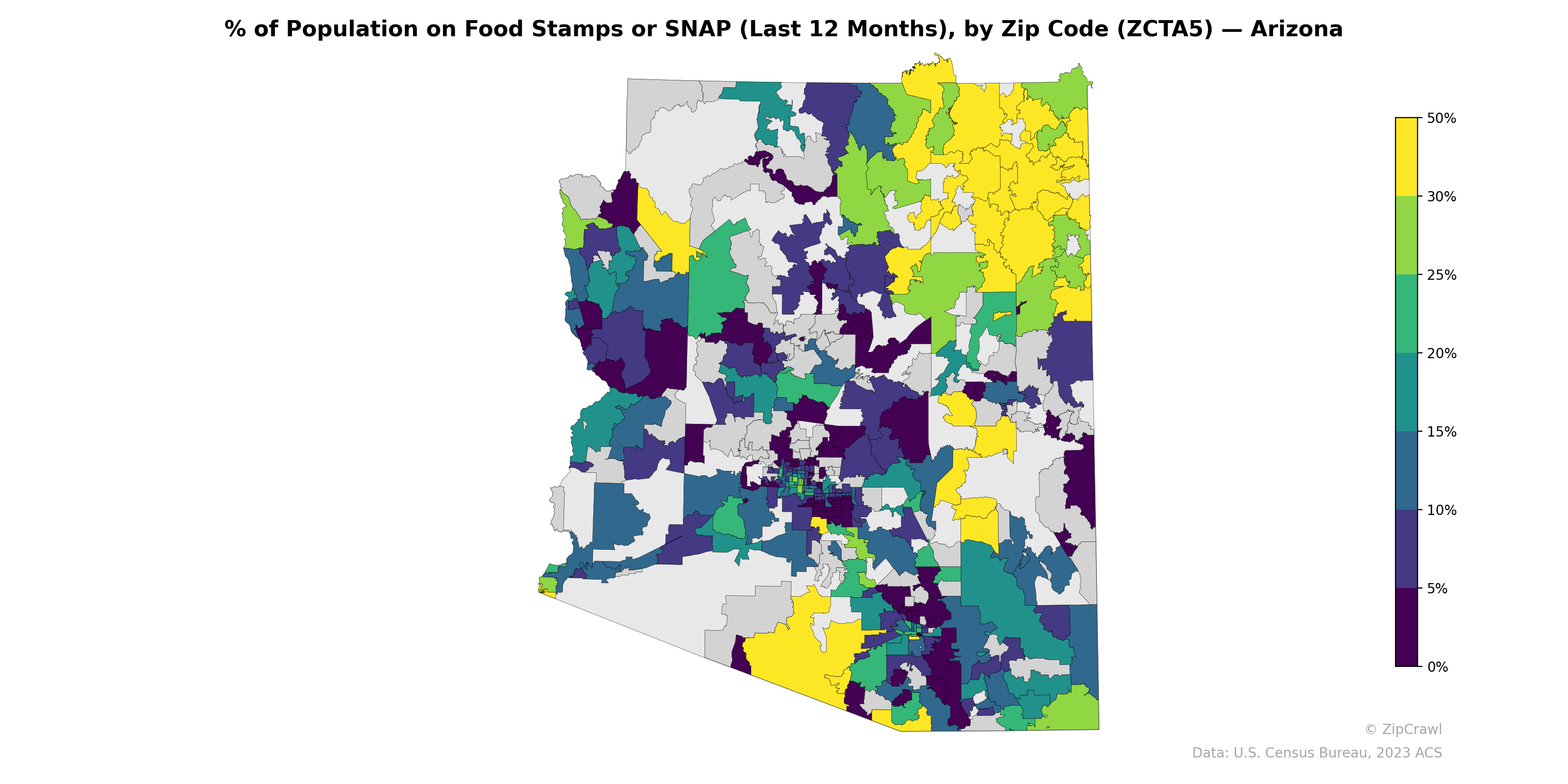 % of Population on Food Stamps or SNAP (Last 12 Months), by Zip Code (ZCTA5) — Arizona