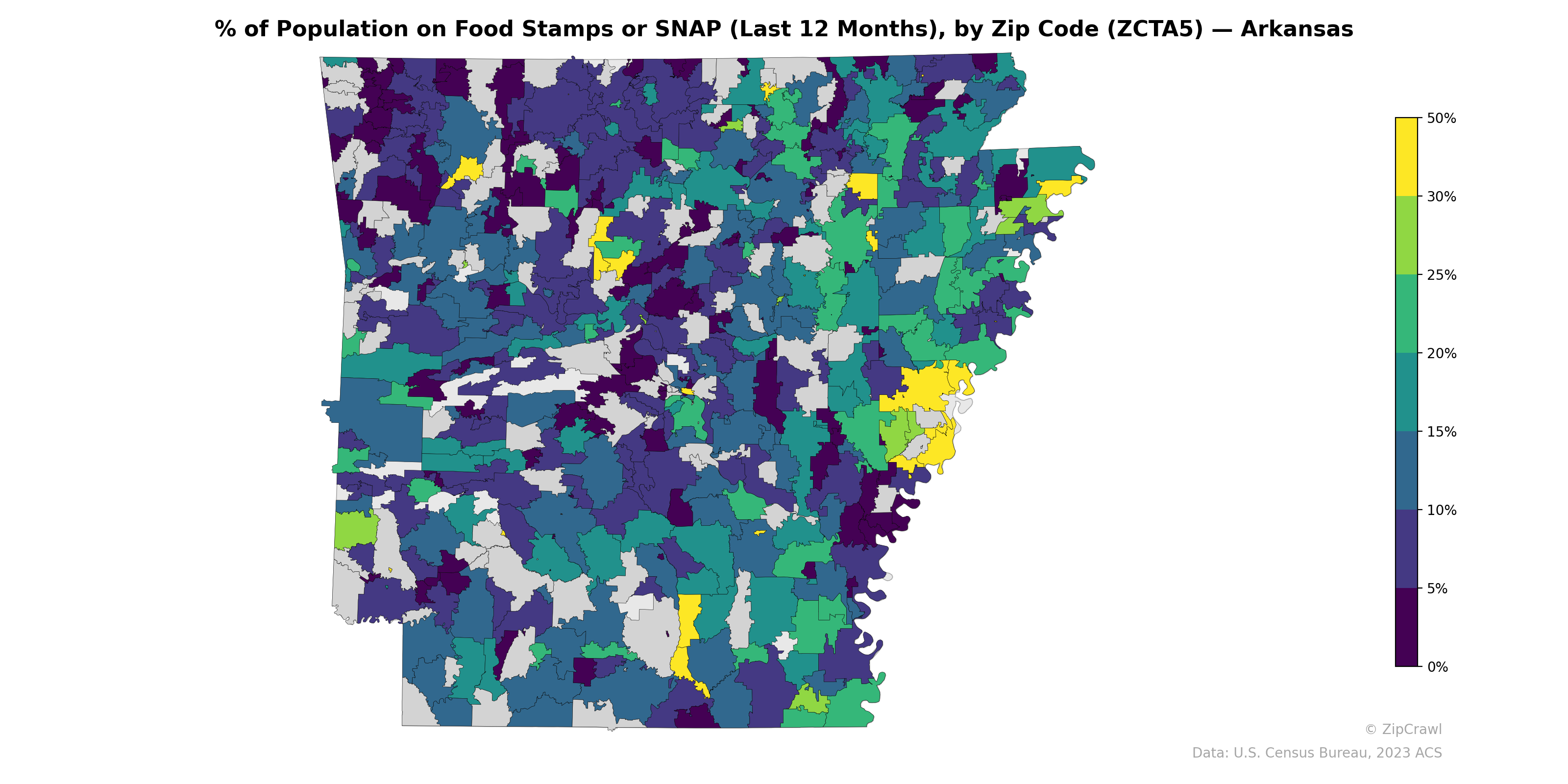 % of Population on Food Stamps or SNAP (Last 12 Months), by Zip Code (ZCTA5) — Arkansas