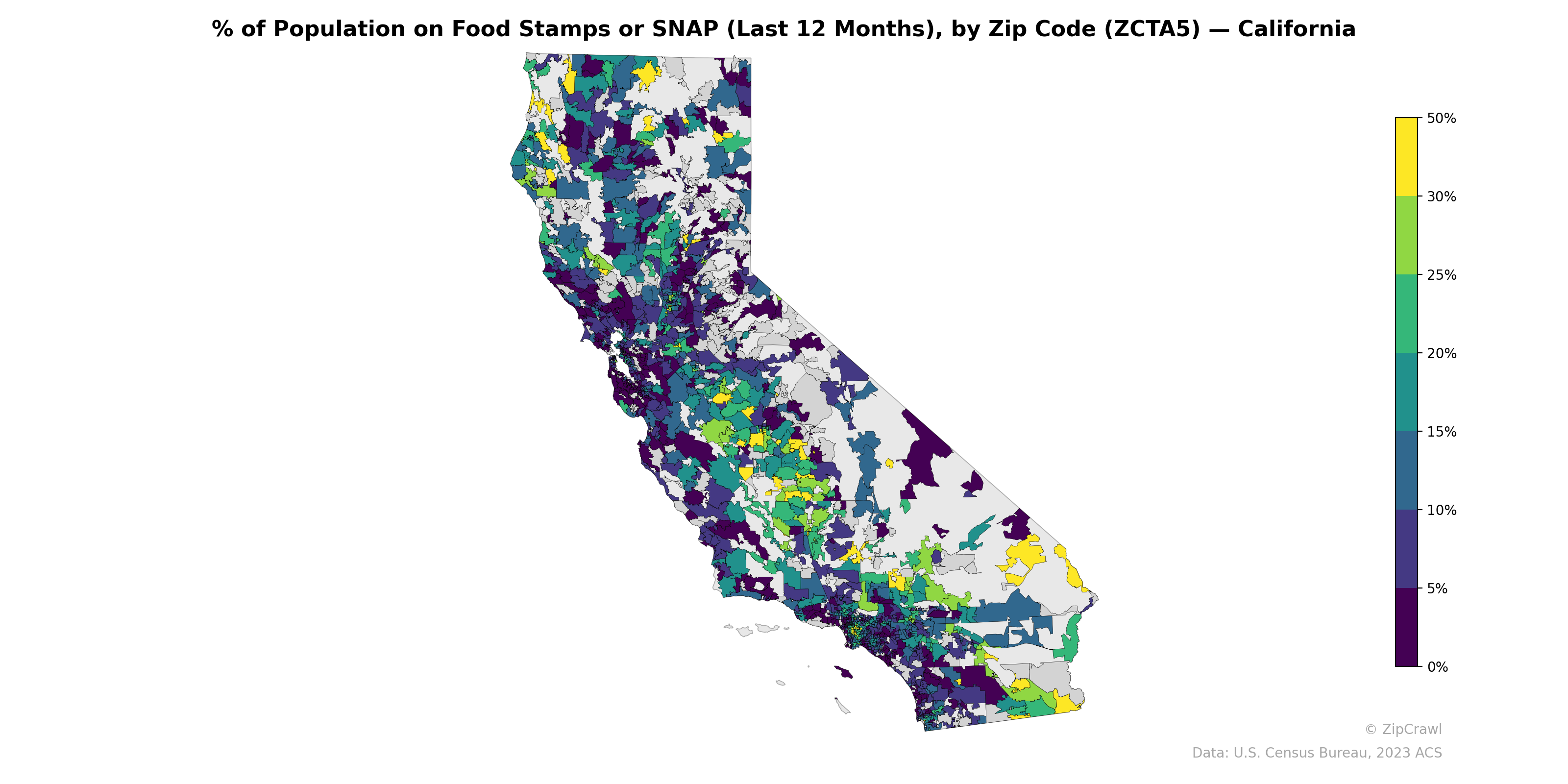 % of Population on Food Stamps or SNAP (Last 12 Months), by Zip Code (ZCTA5) — California