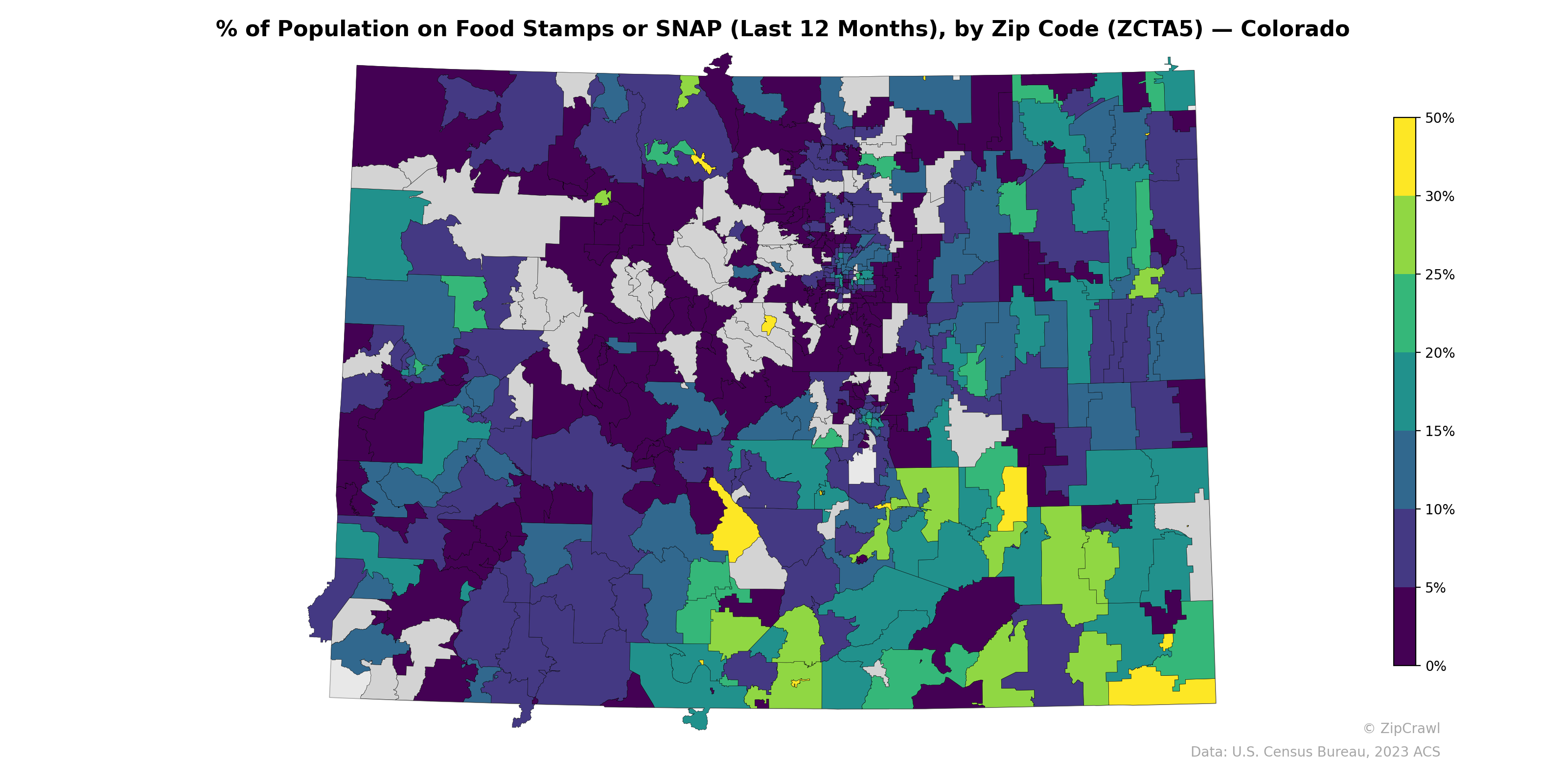 % of Population on Food Stamps or SNAP (Last 12 Months), by Zip Code (ZCTA5) — Colorado
