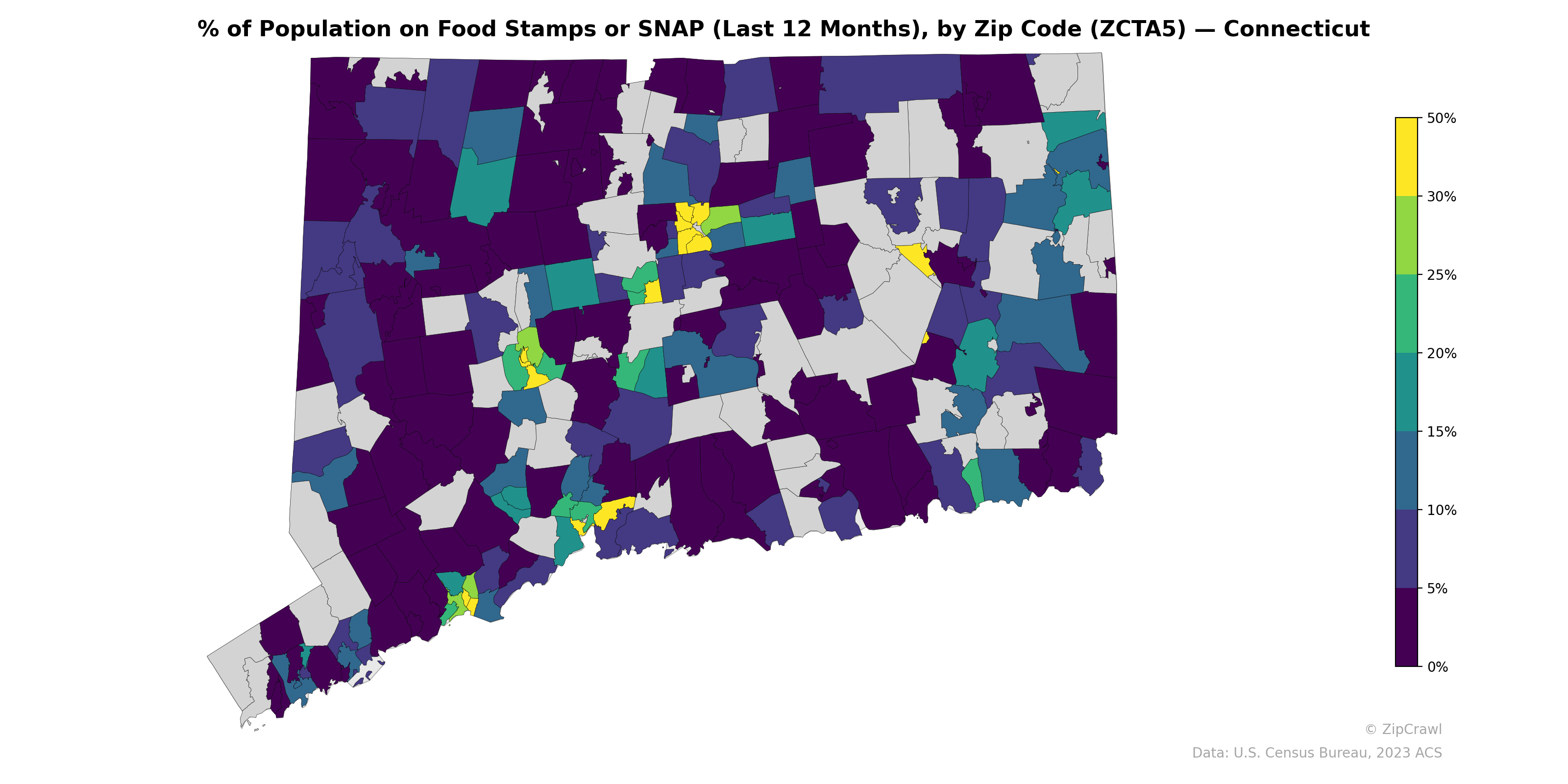 % of Population on Food Stamps or SNAP (Last 12 Months), by Zip Code (ZCTA5) — Connecticut
