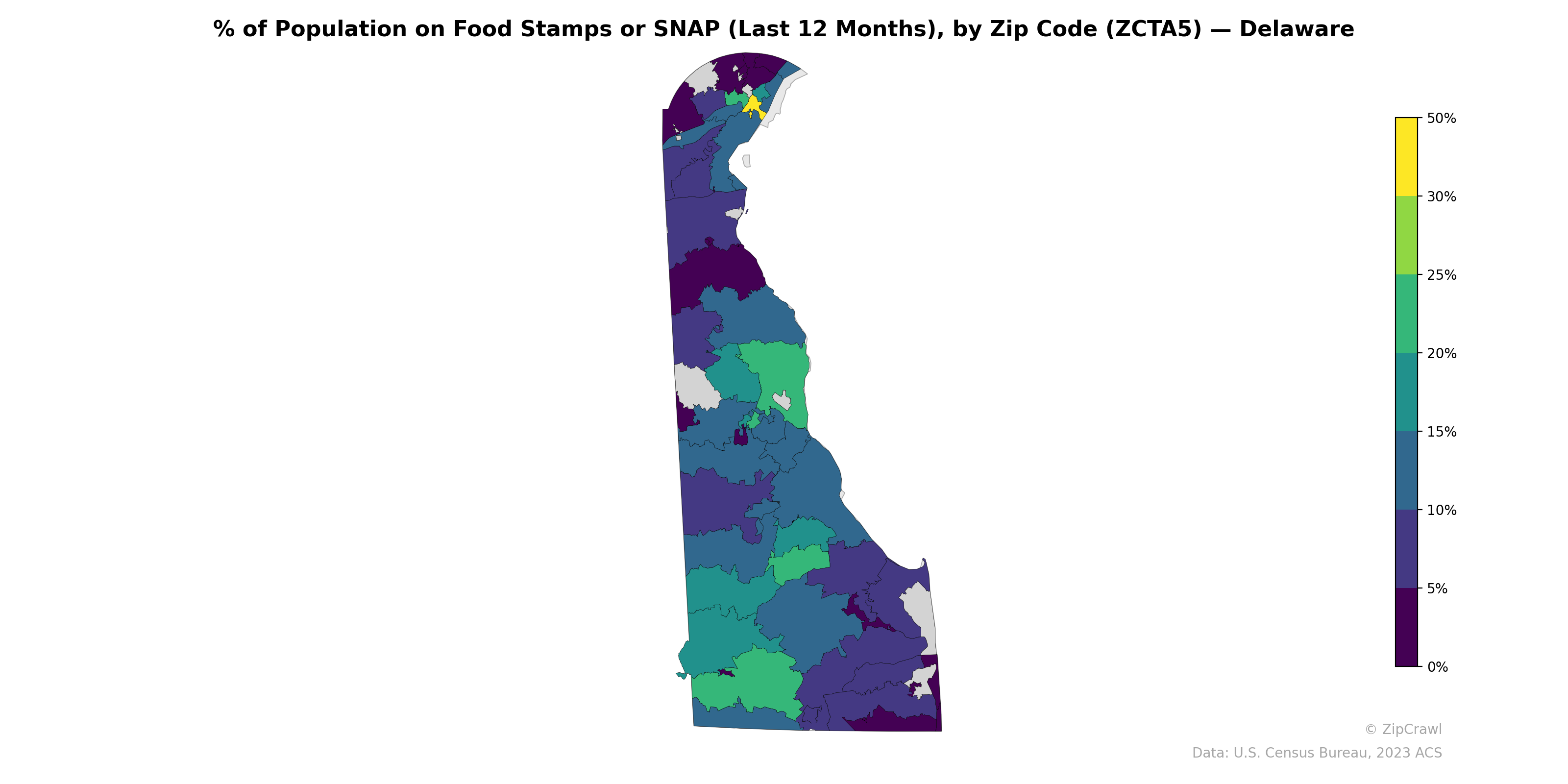 % of Population on Food Stamps or SNAP (Last 12 Months), by Zip Code (ZCTA5) — Delaware