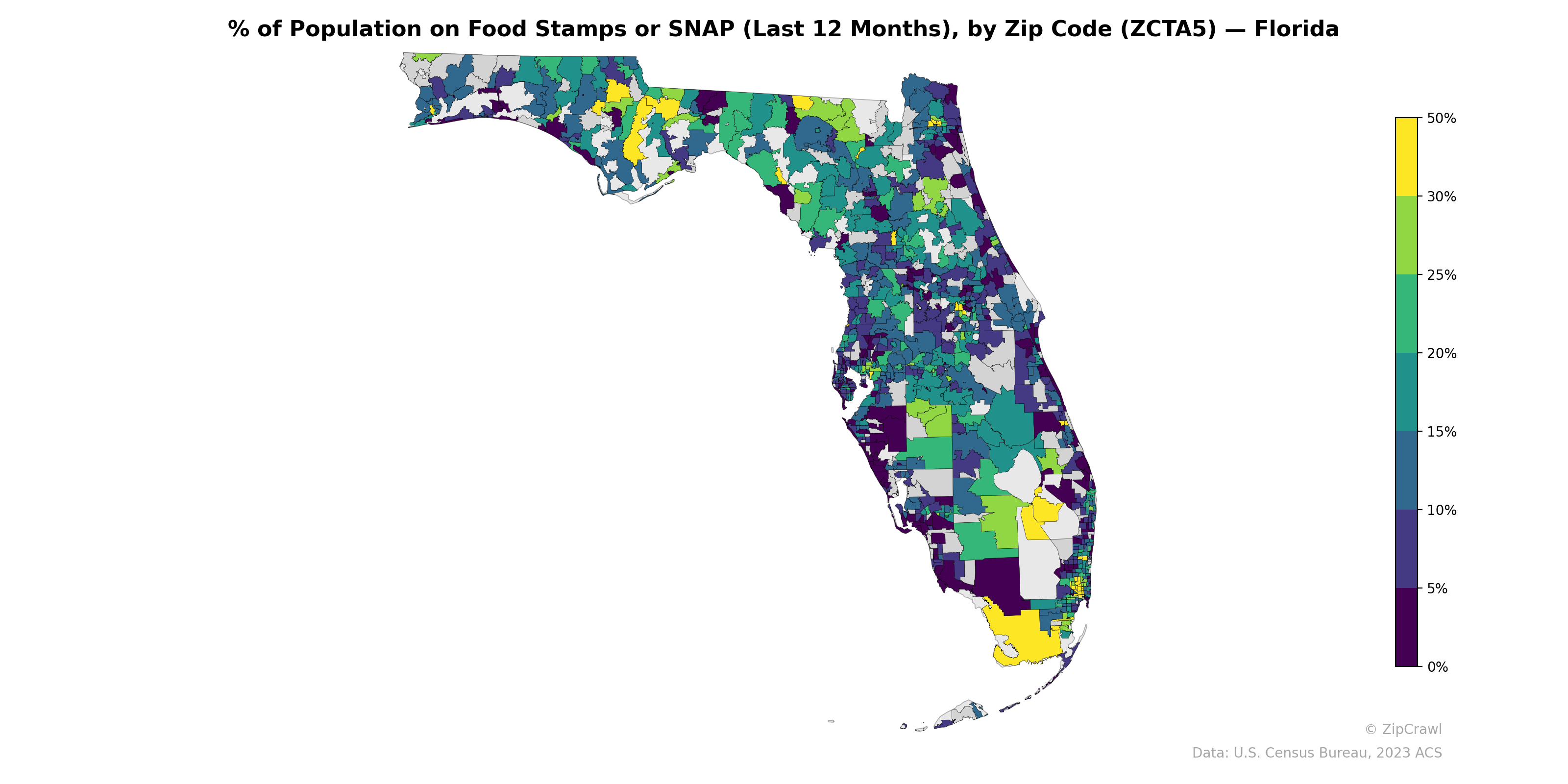 % of Population on Food Stamps or SNAP (Last 12 Months), by Zip Code (ZCTA5) — Florida