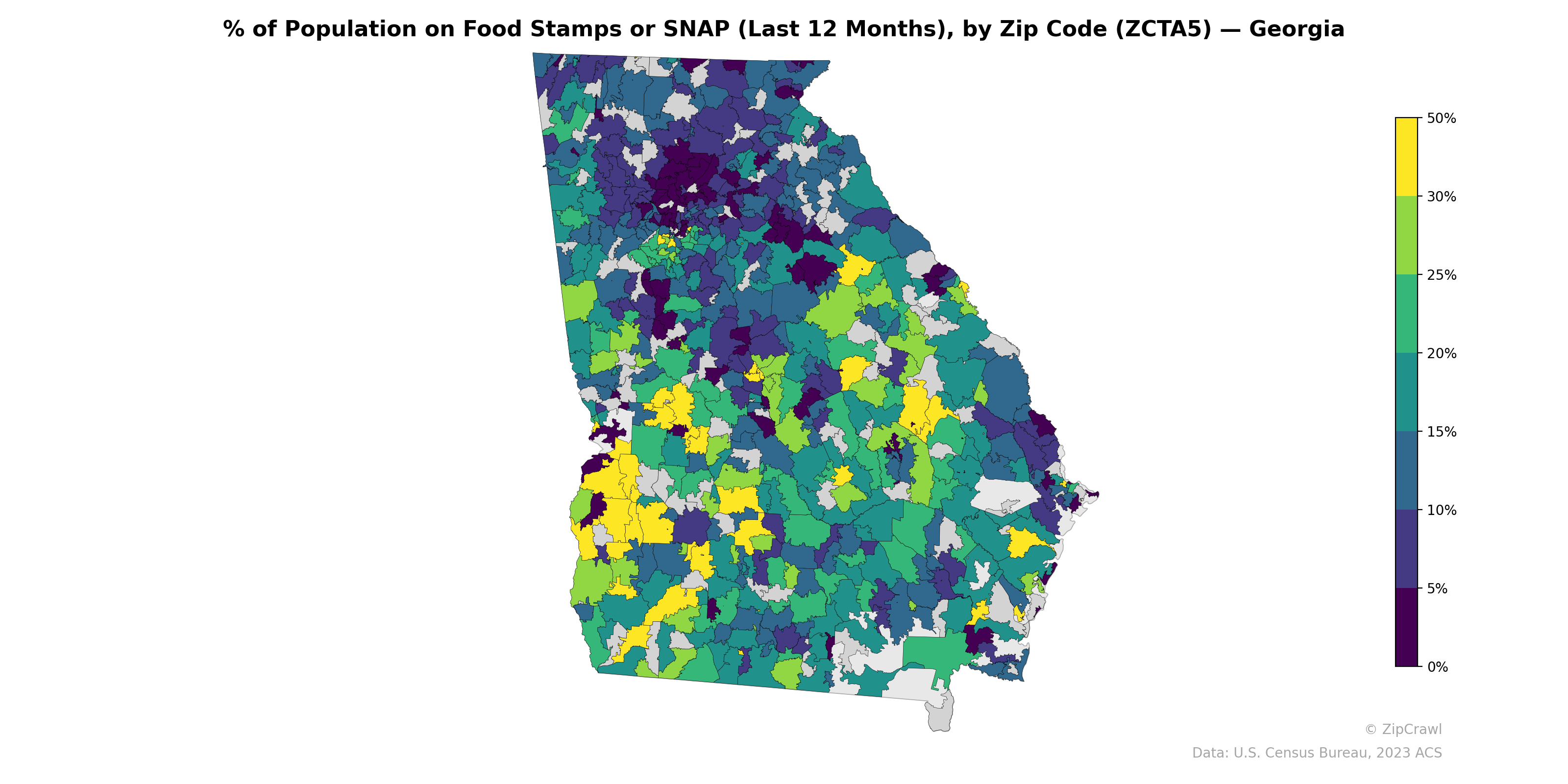 % of Population on Food Stamps or SNAP (Last 12 Months), by Zip Code (ZCTA5) — Georgia