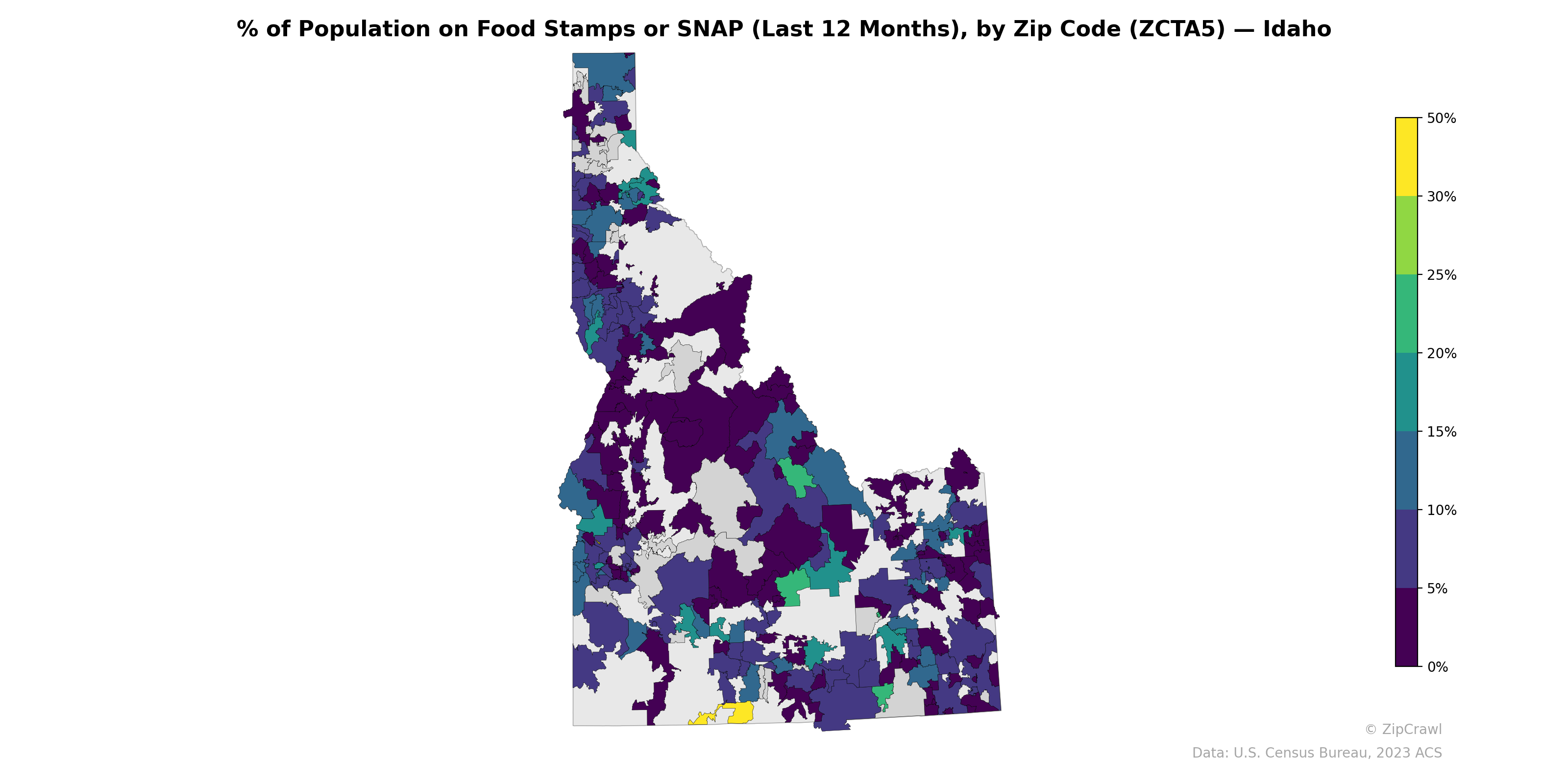 % of Population on Food Stamps or SNAP (Last 12 Months), by Zip Code (ZCTA5) — Idaho