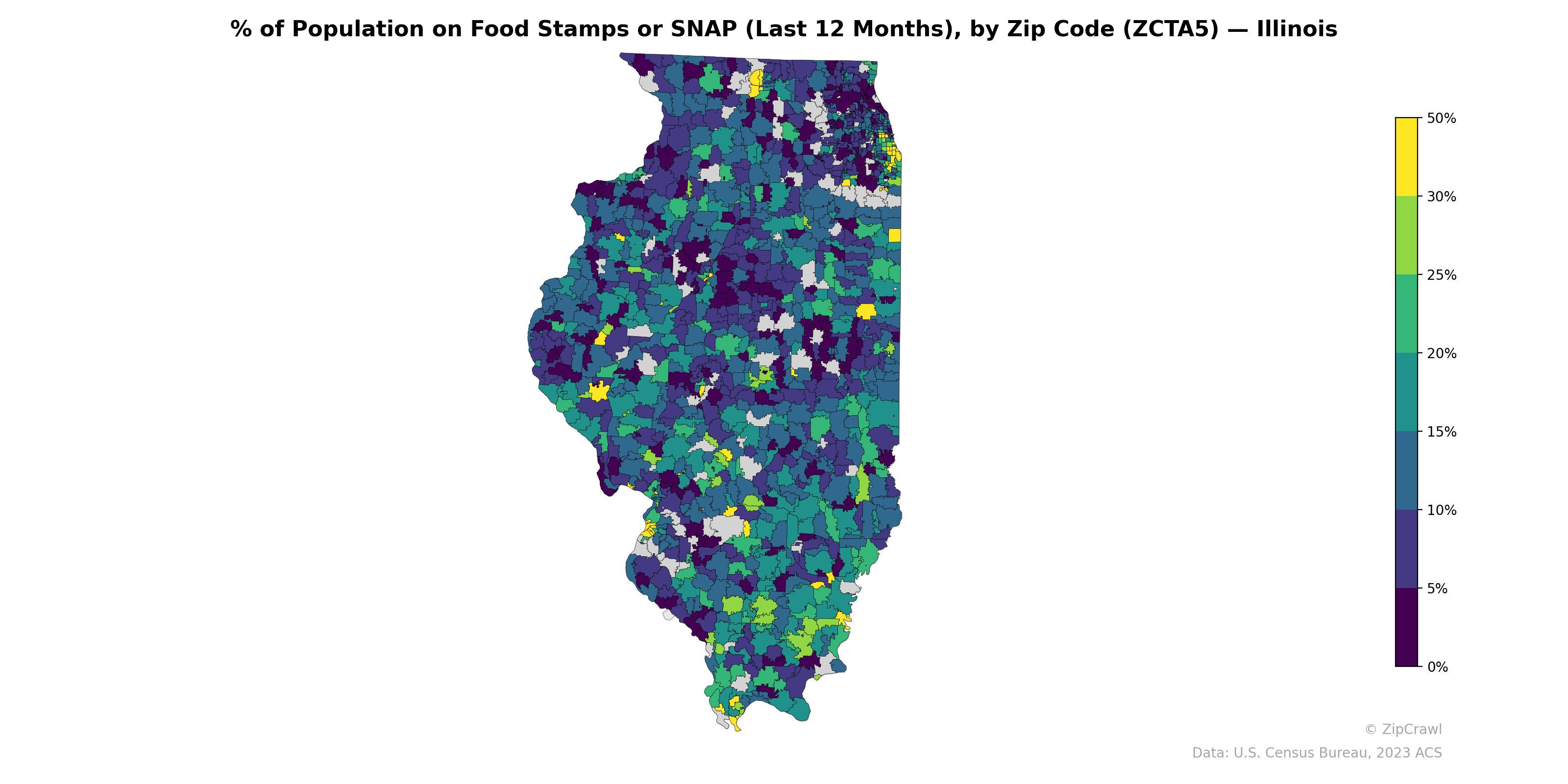 % of Population on Food Stamps or SNAP (Last 12 Months), by Zip Code (ZCTA5) — Illinois