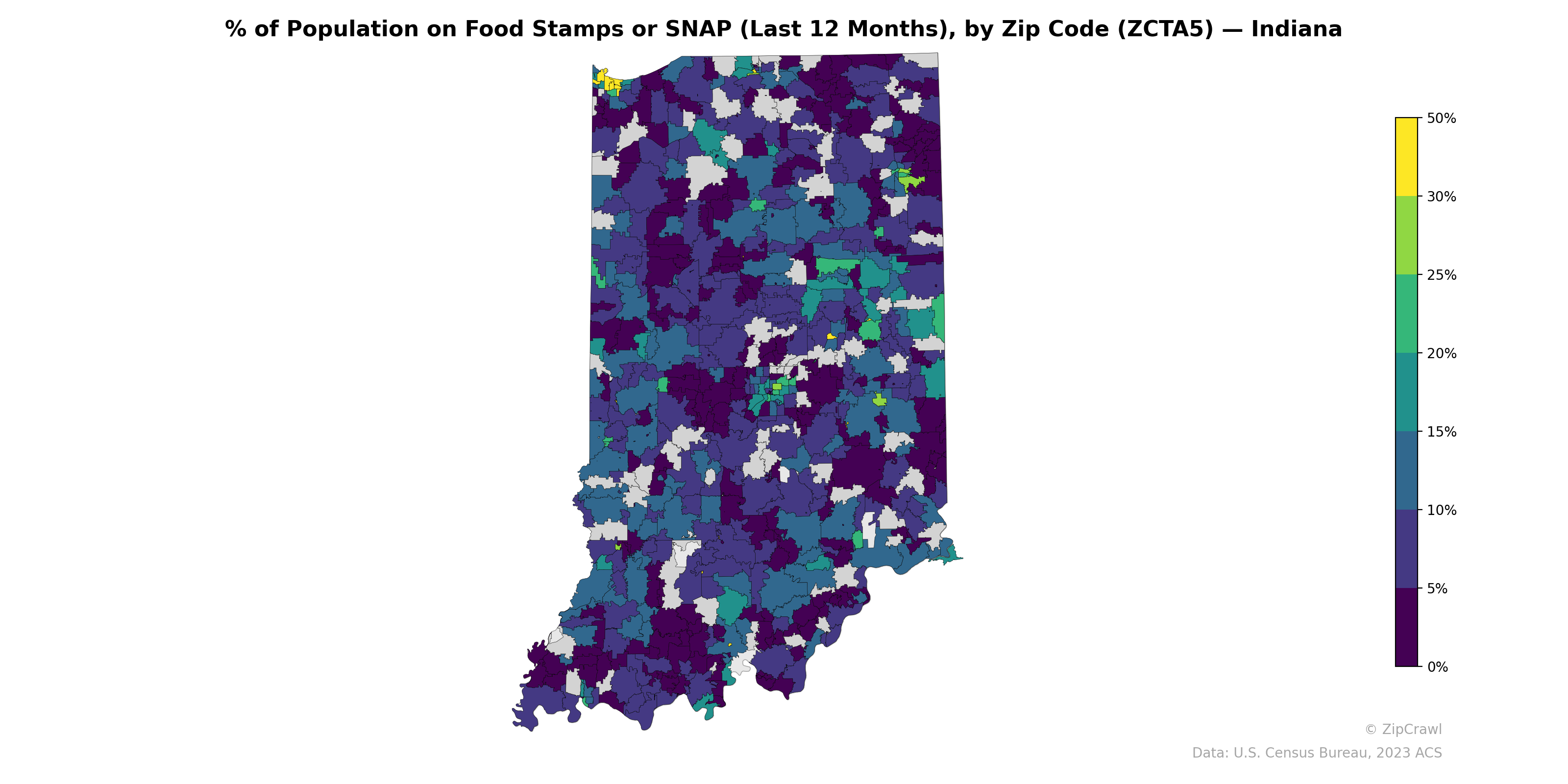 % of Population on Food Stamps or SNAP (Last 12 Months), by Zip Code (ZCTA5) — Indiana