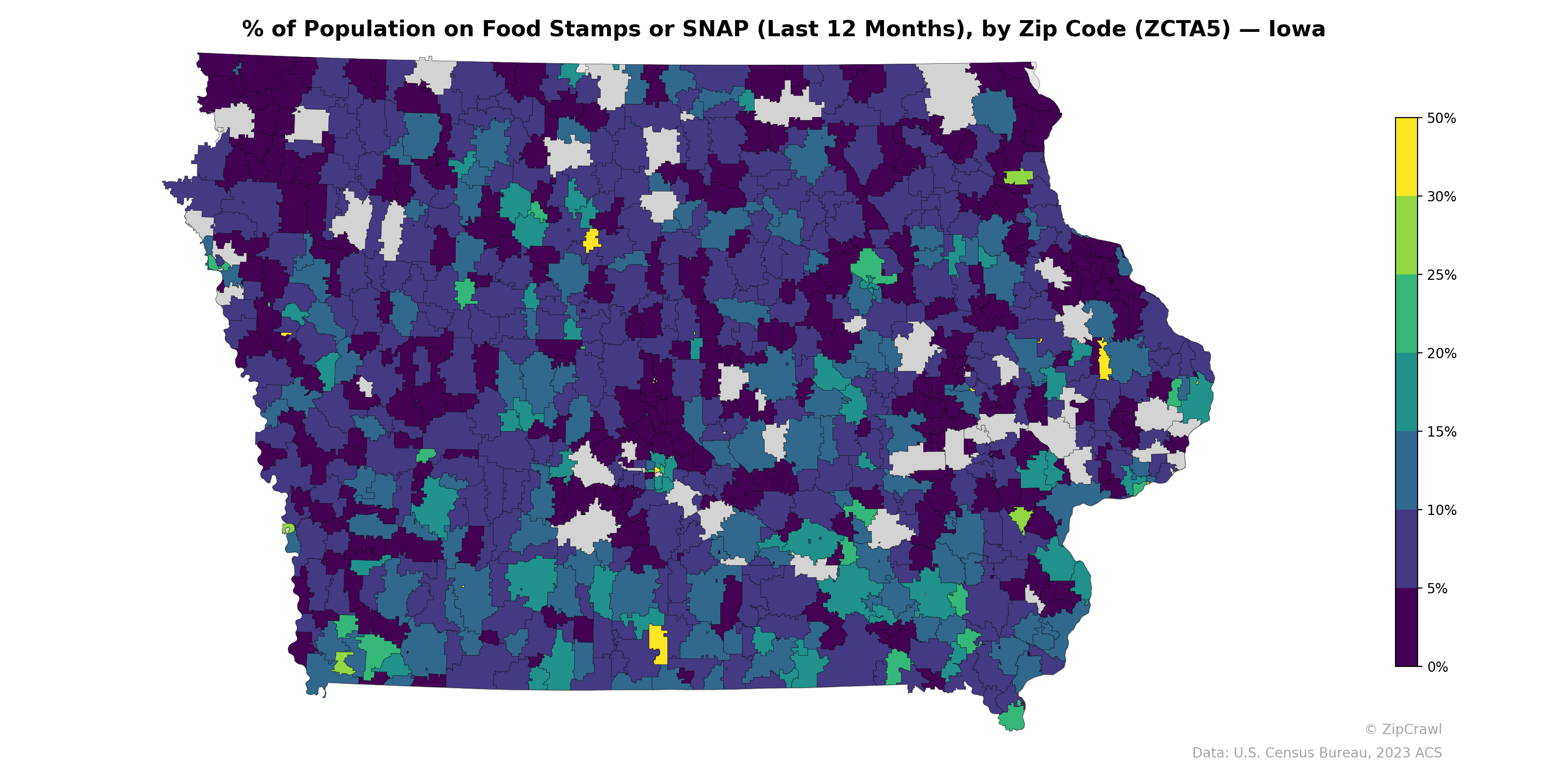 % of Population on Food Stamps or SNAP (Last 12 Months), by Zip Code (ZCTA5) — Iowa