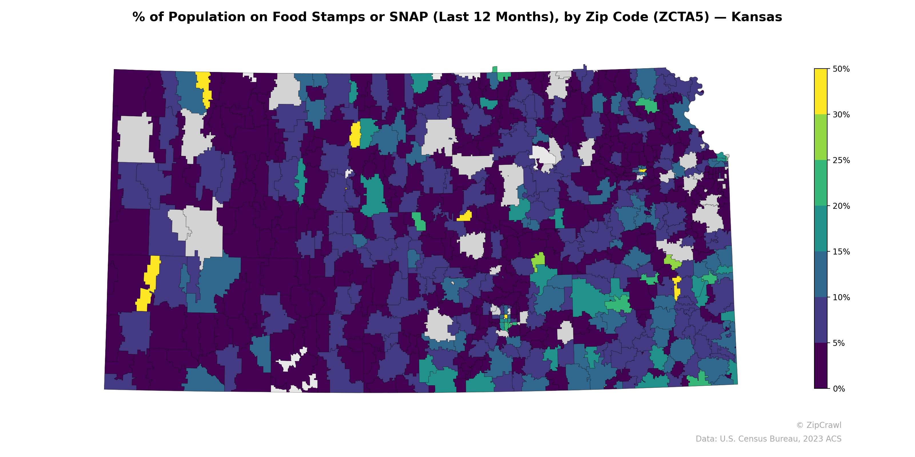 % of Population on Food Stamps or SNAP (Last 12 Months), by Zip Code (ZCTA5) — Kansas