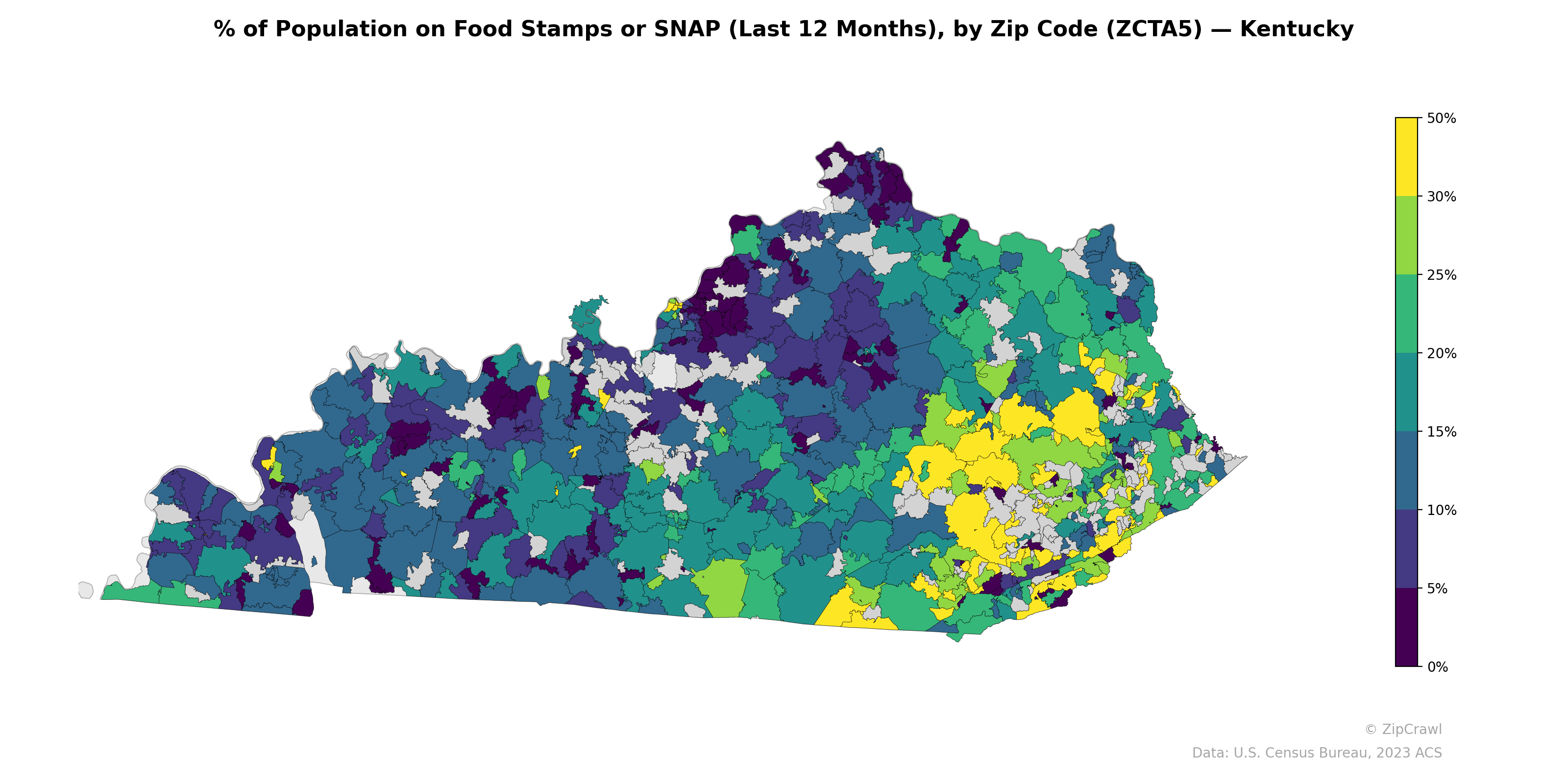 % of Population on Food Stamps or SNAP (Last 12 Months), by Zip Code (ZCTA5) — Kentucky