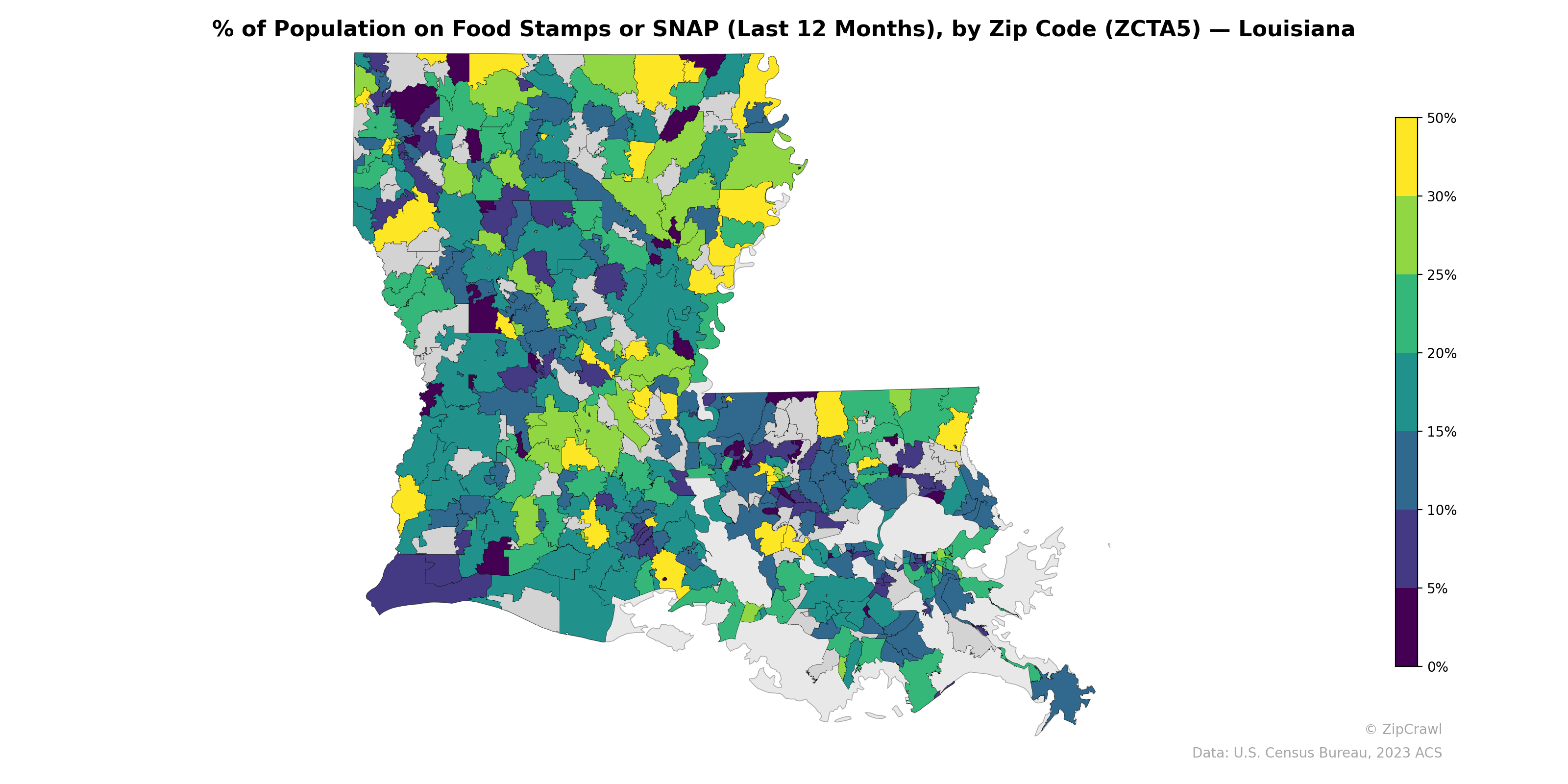 % of Population on Food Stamps or SNAP (Last 12 Months), by Zip Code (ZCTA5) — Louisiana