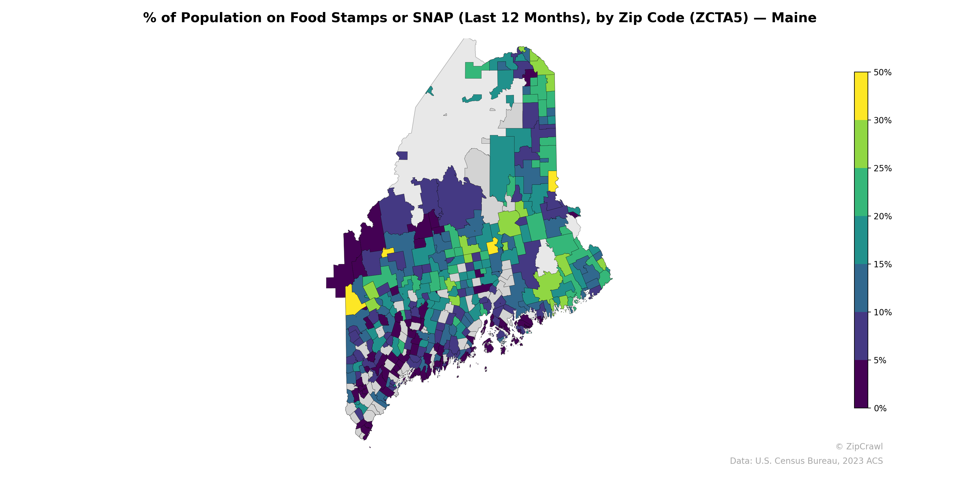 % of Population on Food Stamps or SNAP (Last 12 Months), by Zip Code (ZCTA5) — Maine