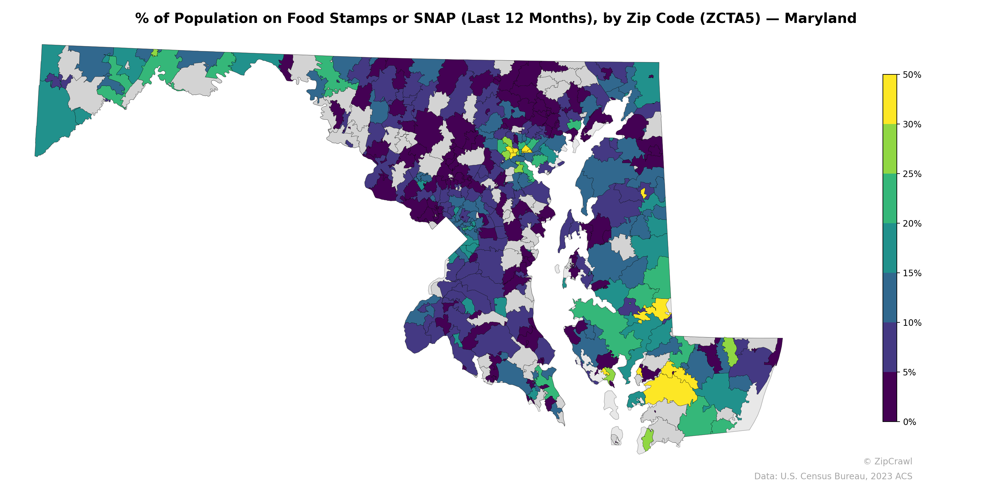 % of Population on Food Stamps or SNAP (Last 12 Months), by Zip Code (ZCTA5) — Maryland
