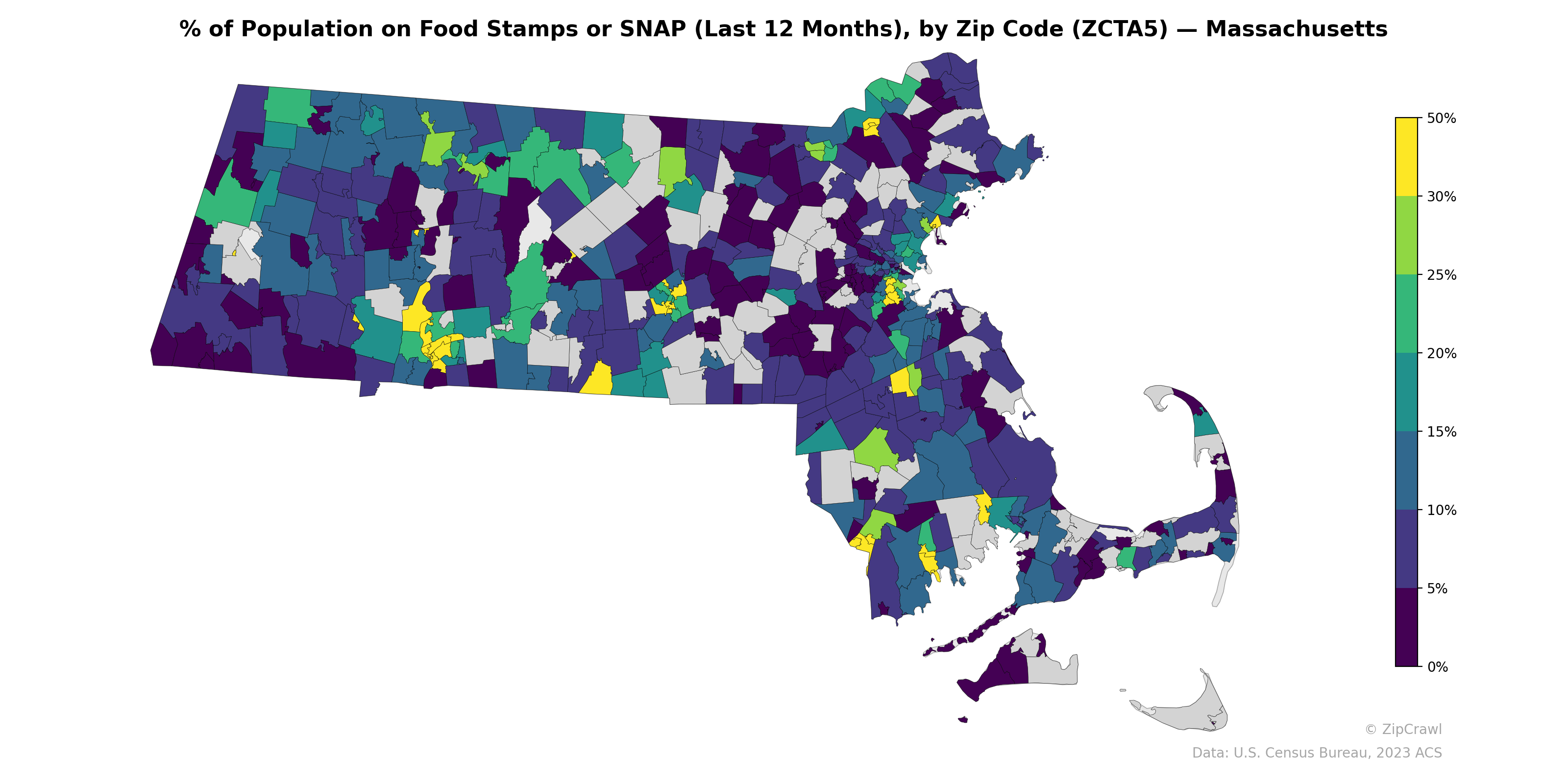 % of Population on Food Stamps or SNAP (Last 12 Months), by Zip Code (ZCTA5) — Massachusetts