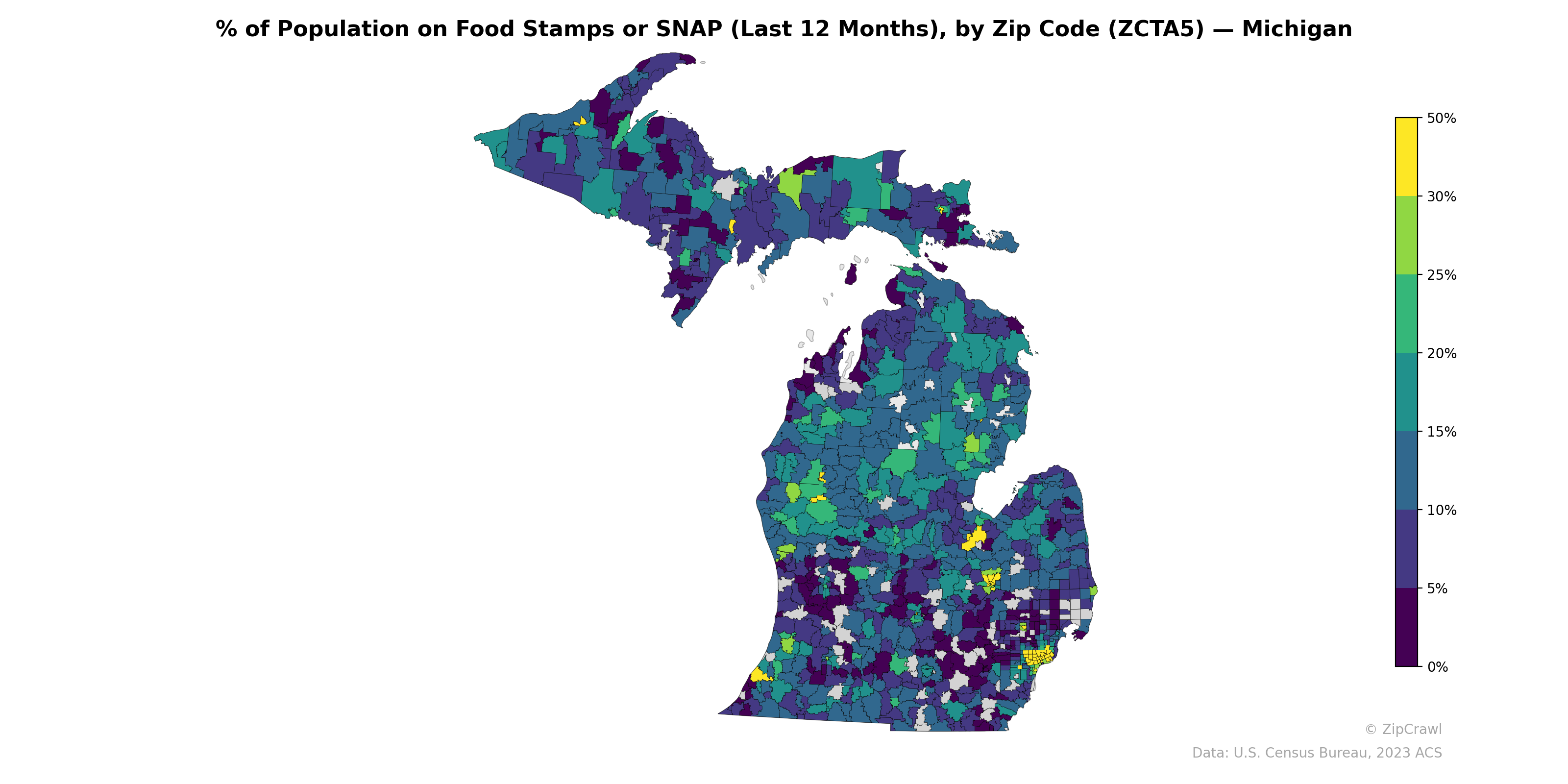 % of Population on Food Stamps or SNAP (Last 12 Months), by Zip Code (ZCTA5) — Michigan
