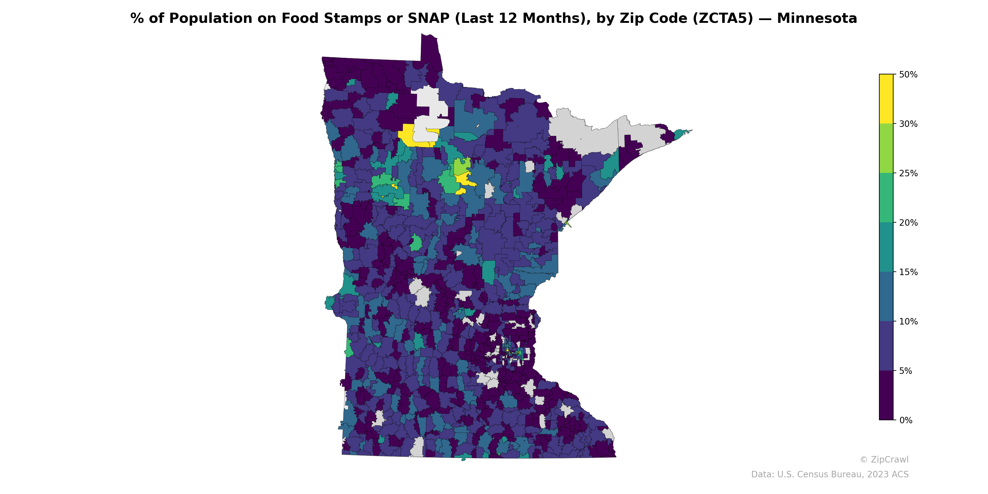 % of Population on Food Stamps or SNAP (Last 12 Months), by Zip Code (ZCTA5) — Minnesota